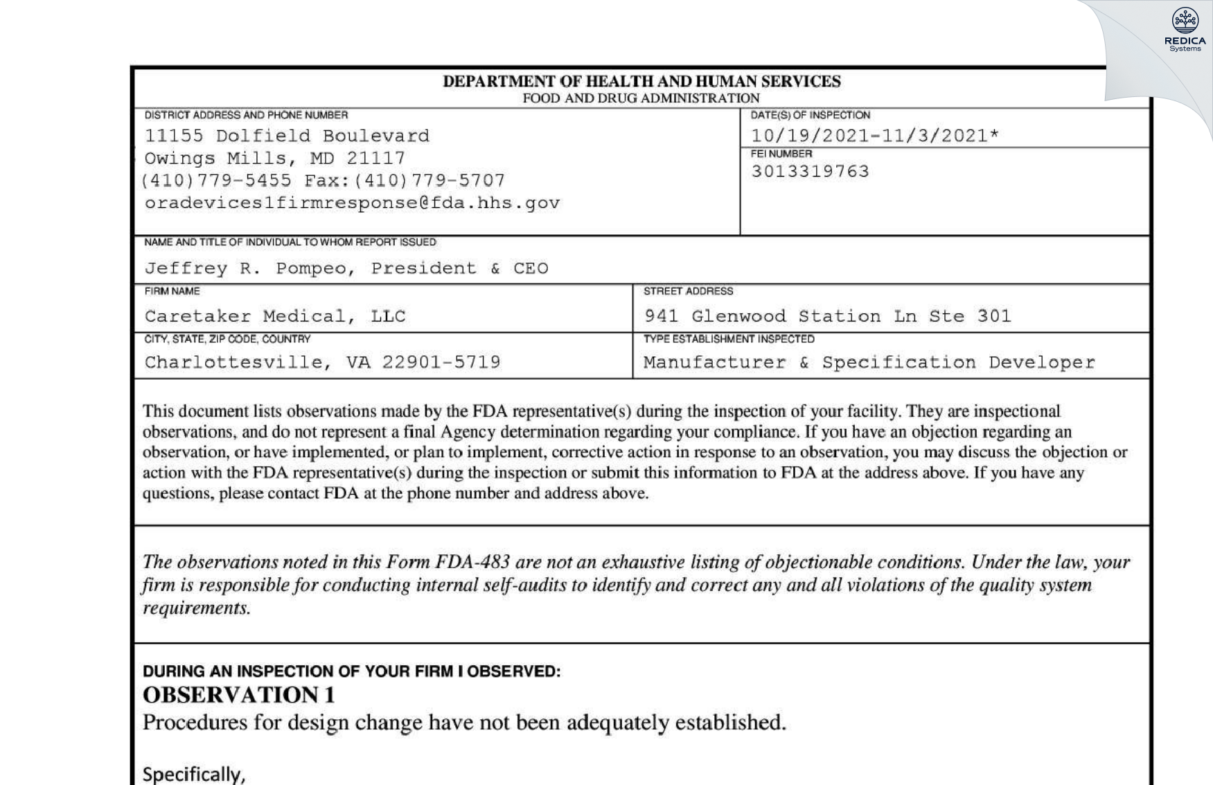 FDA 483 - Caretaker Medical, Inc. [Charlottesville / United States of America] - Download PDF - Redica Systems