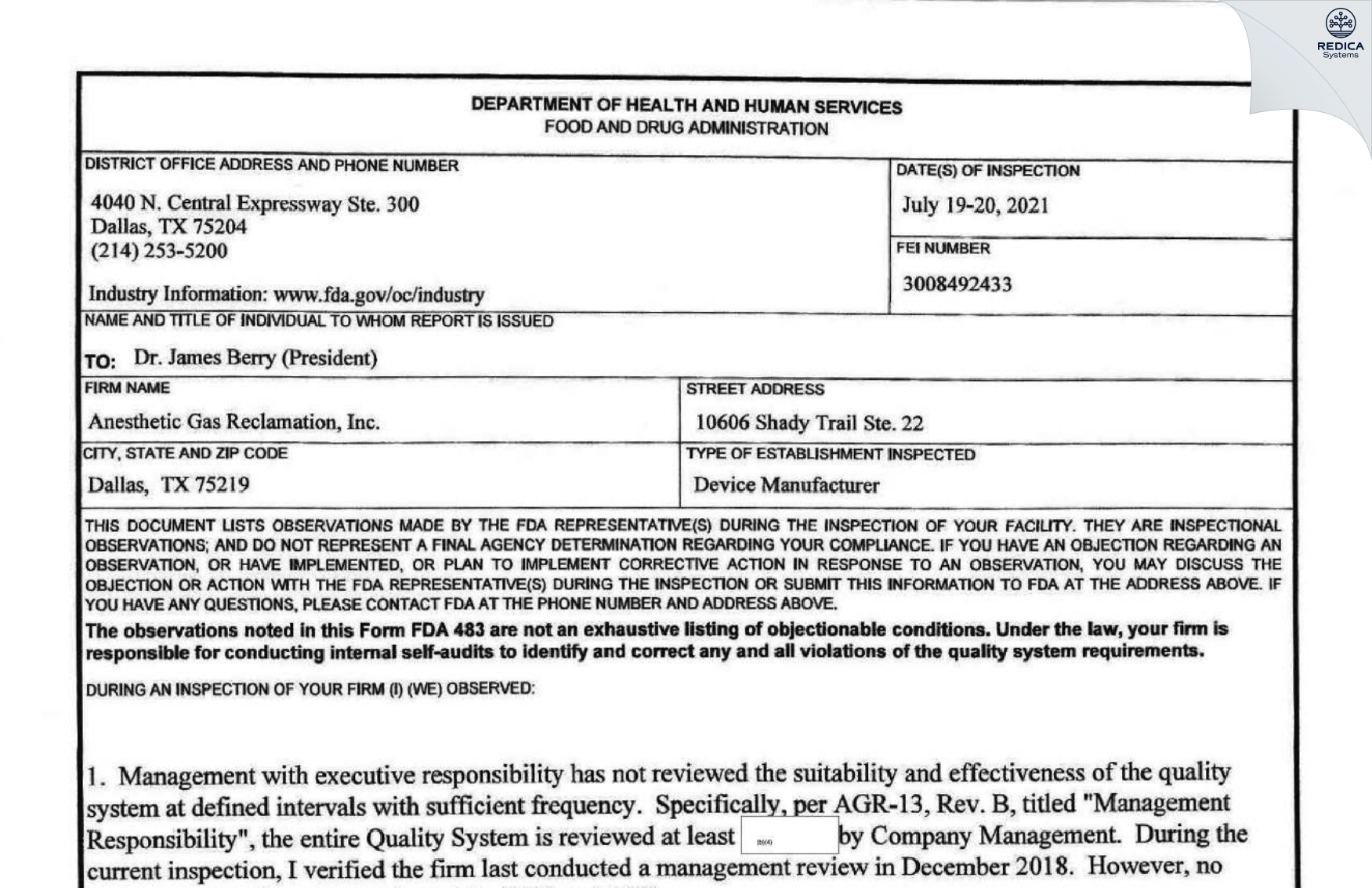 FDA 483 - Anesthetic Gas Reclamation Inc. [Dallas / United States of America] - Download PDF - Redica Systems