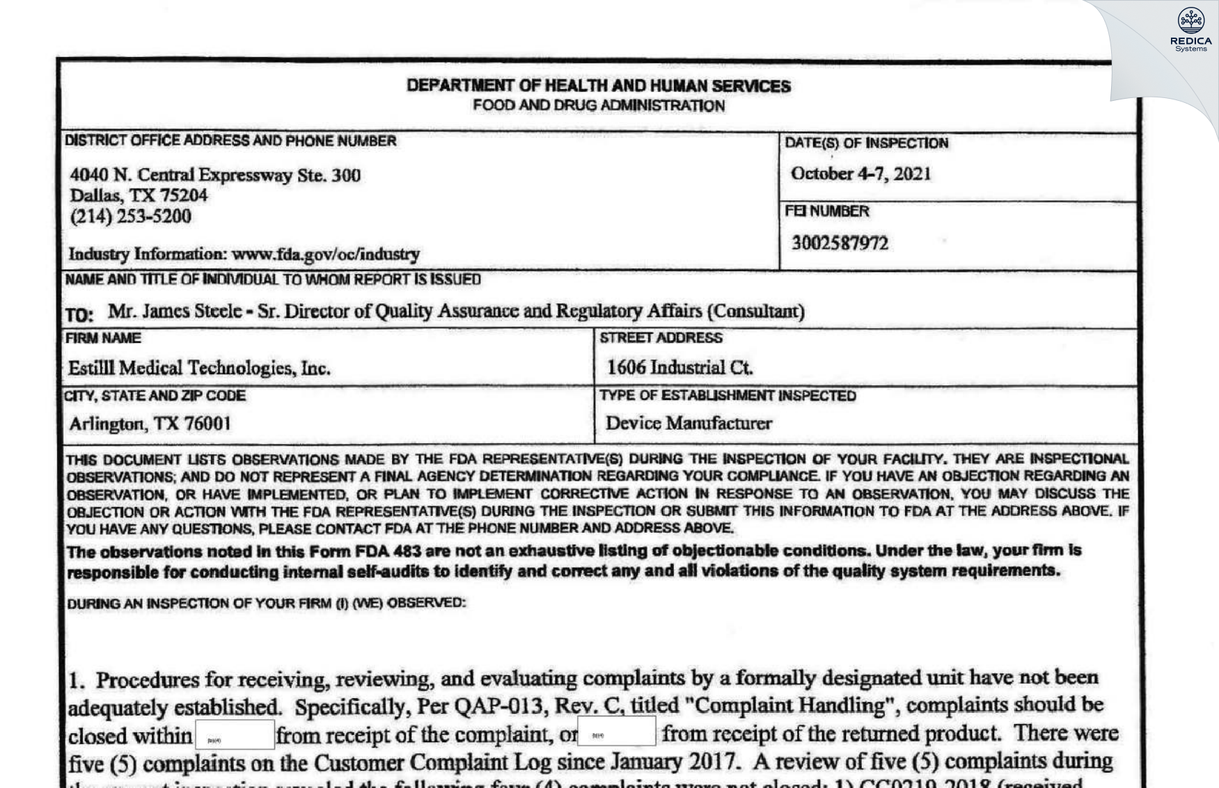 FDA 483 - Estill Medical Technologies, Inc [Arlington / United States of America] - Download PDF - Redica Systems