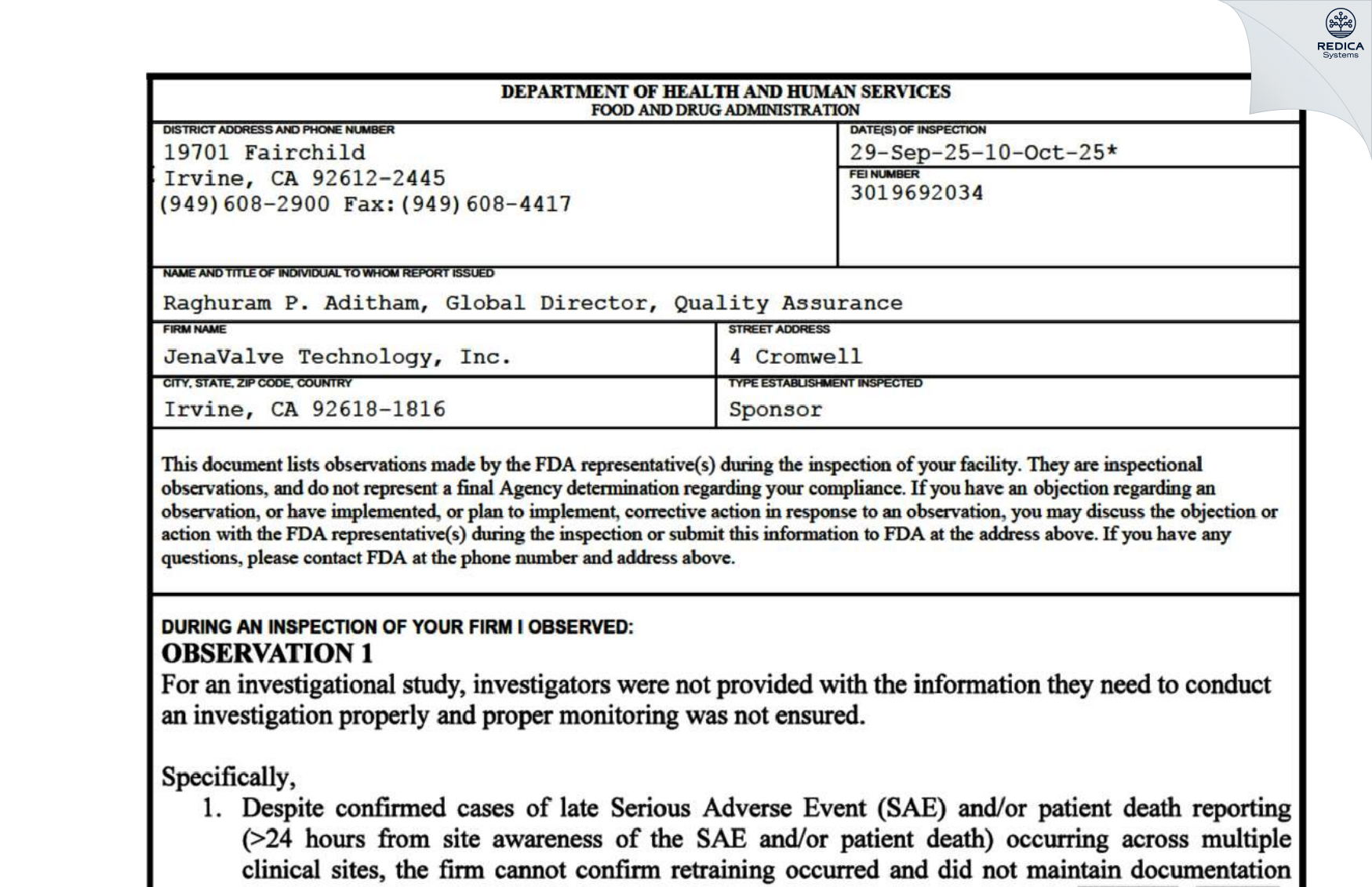 FDA 483 - JenaValve Technology, Inc. [Irvine / United States of America] - Download PDF - Redica Systems