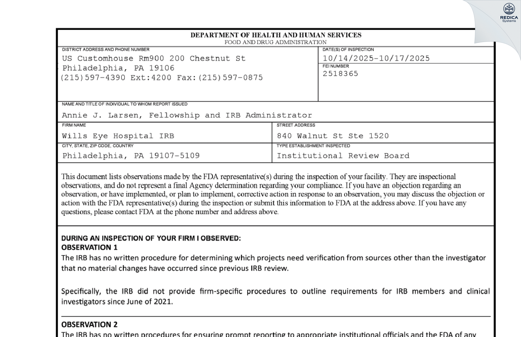 FDA 483 - Wills Eye Hospital IRB [Philadelphia / United States of America] - Download PDF - Redica Systems