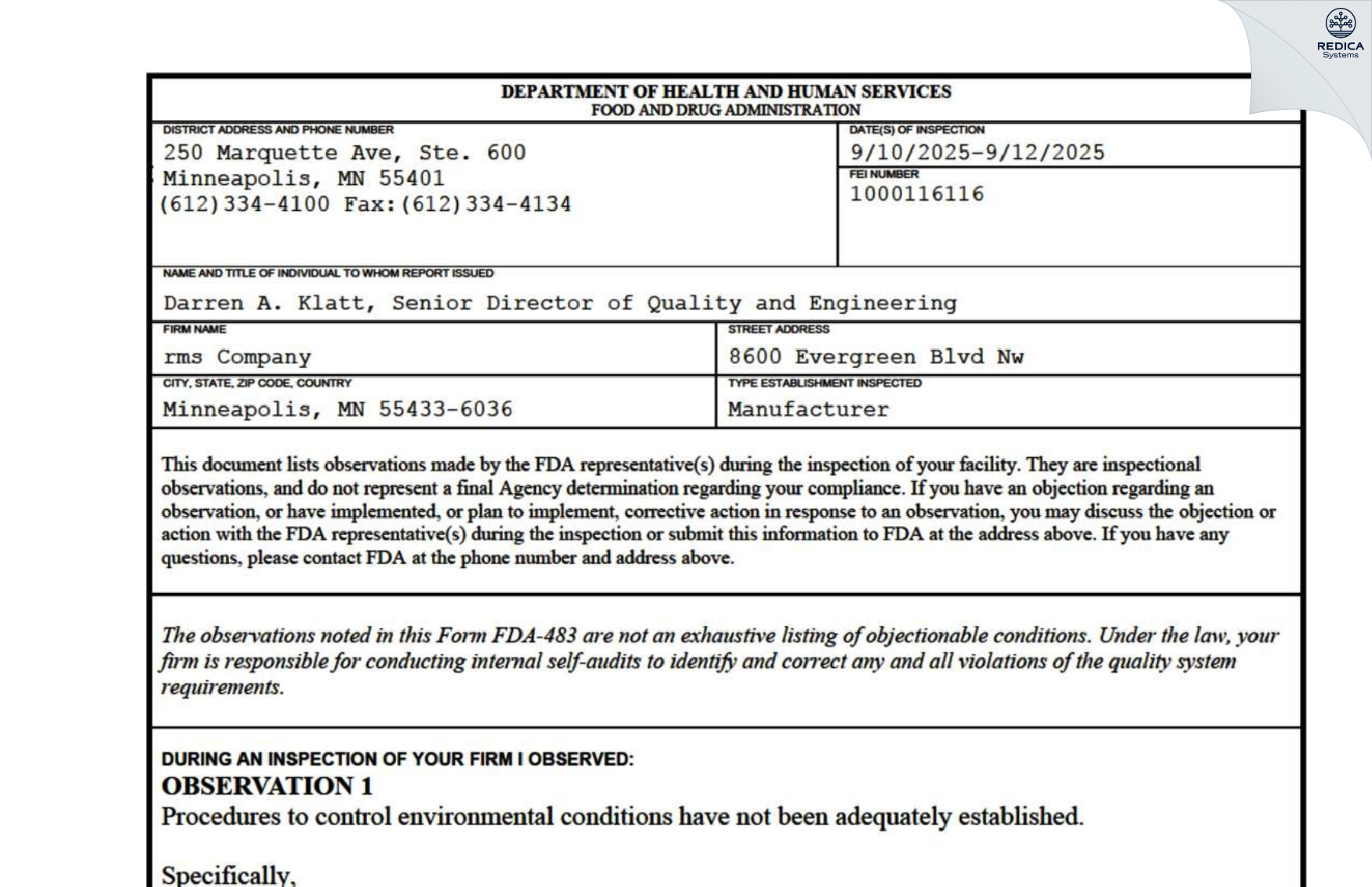 FDA 483 - rms Company [Minneapolis / United States of America] - Download PDF - Redica Systems