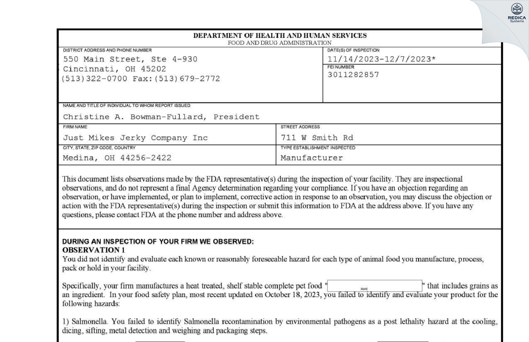 FDA 483 - Just Mikes Jerky Company Inc [Medina / United States of America] - Download PDF - Redica Systems