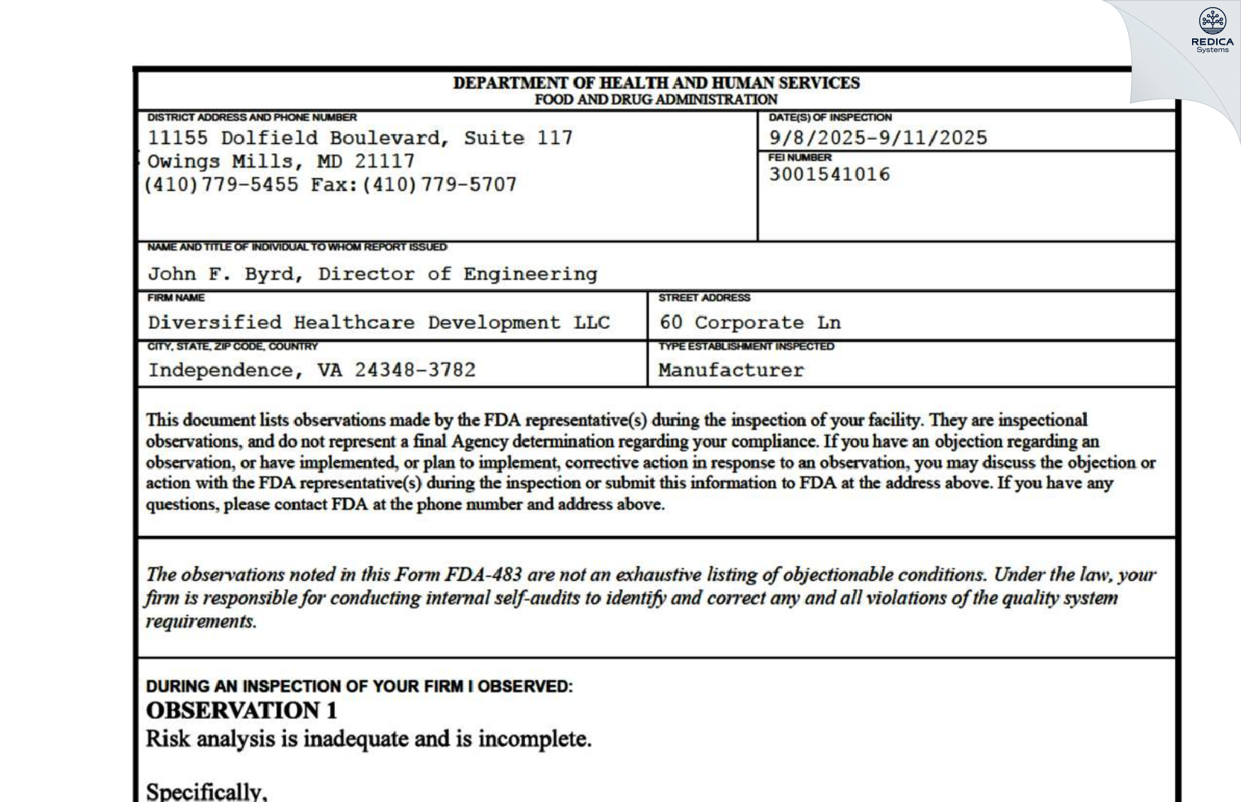 FDA 483 - Core Health and Fitness, LLC [Independence / United States of America] - Download PDF - Redica Systems