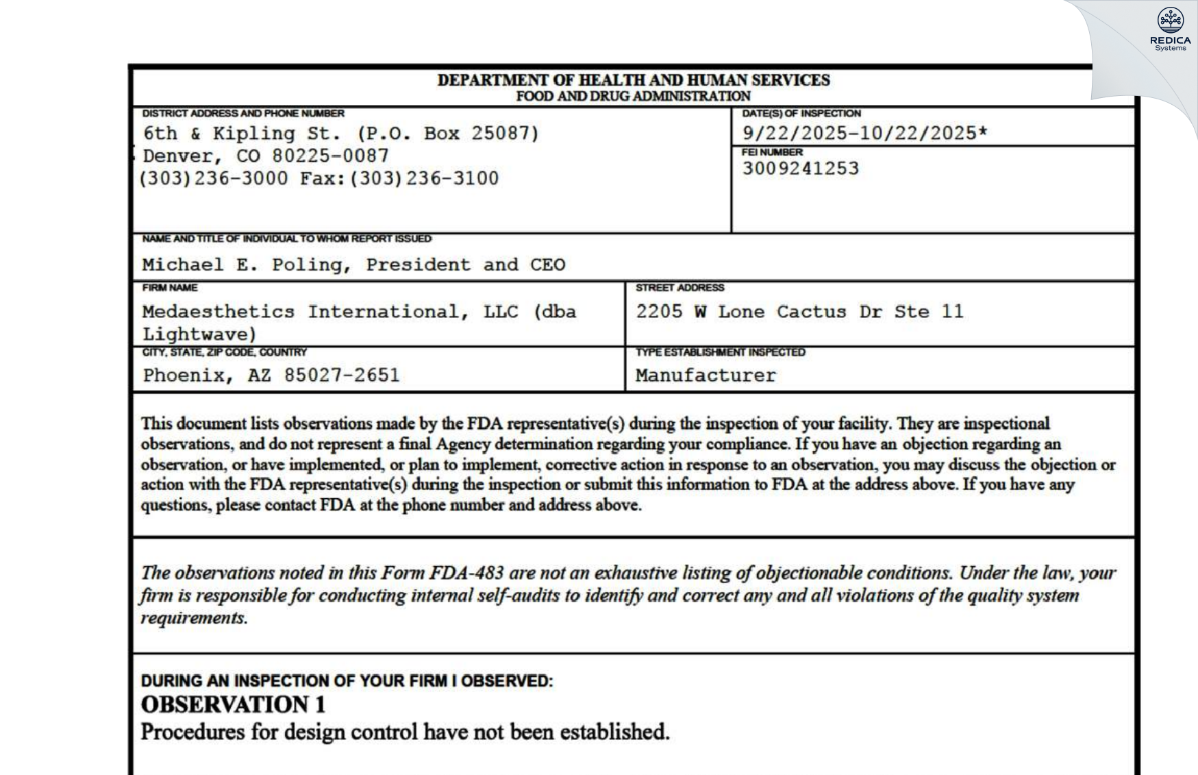 FDA 483 - LTW Tech LLC [Phoenix / United States of America] - Download PDF - Redica Systems