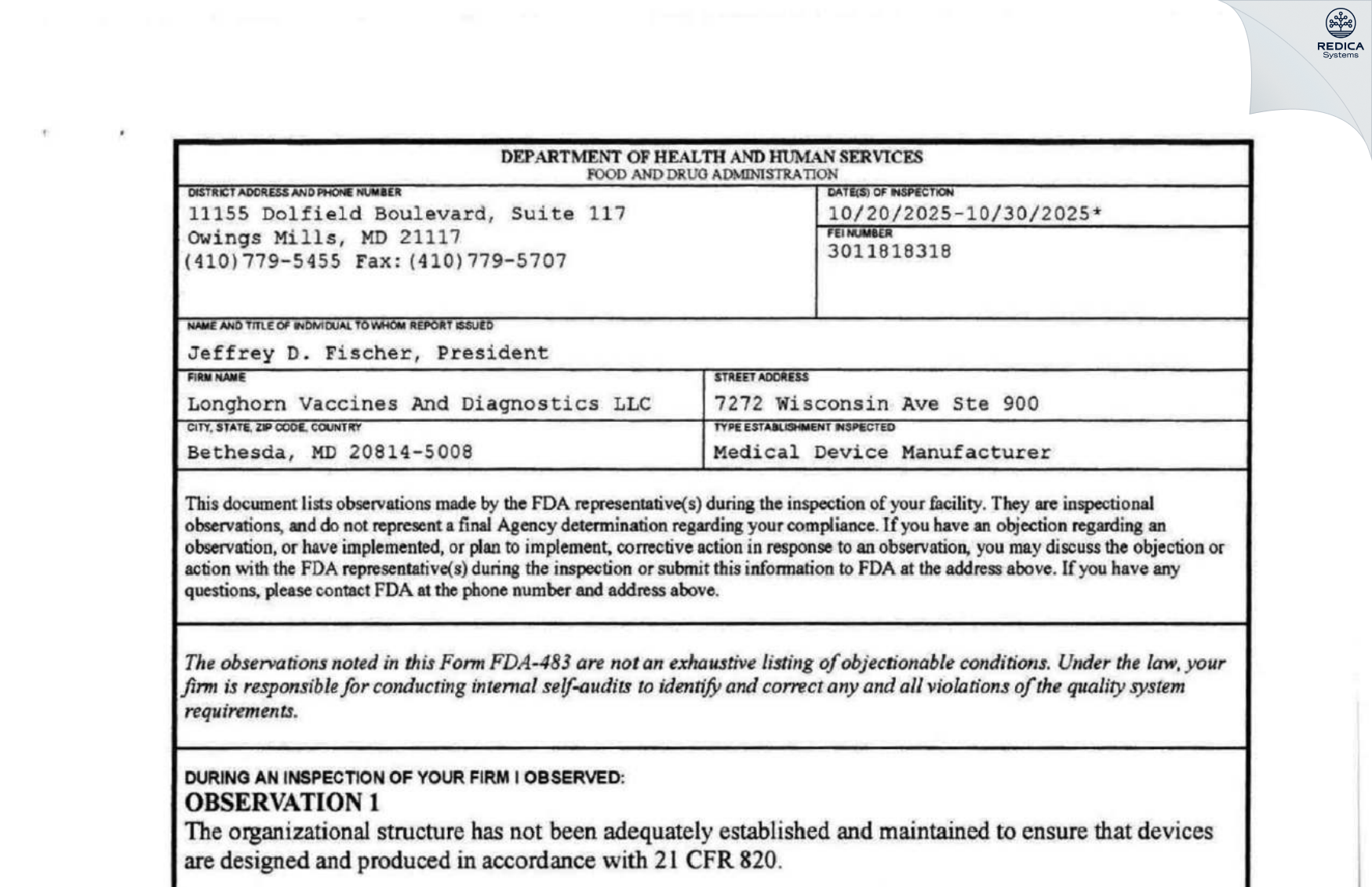 FDA 483 - Longhorn Vaccines and Diagnostics LLC [Bethesda / United States of America] - Download PDF - Redica Systems
