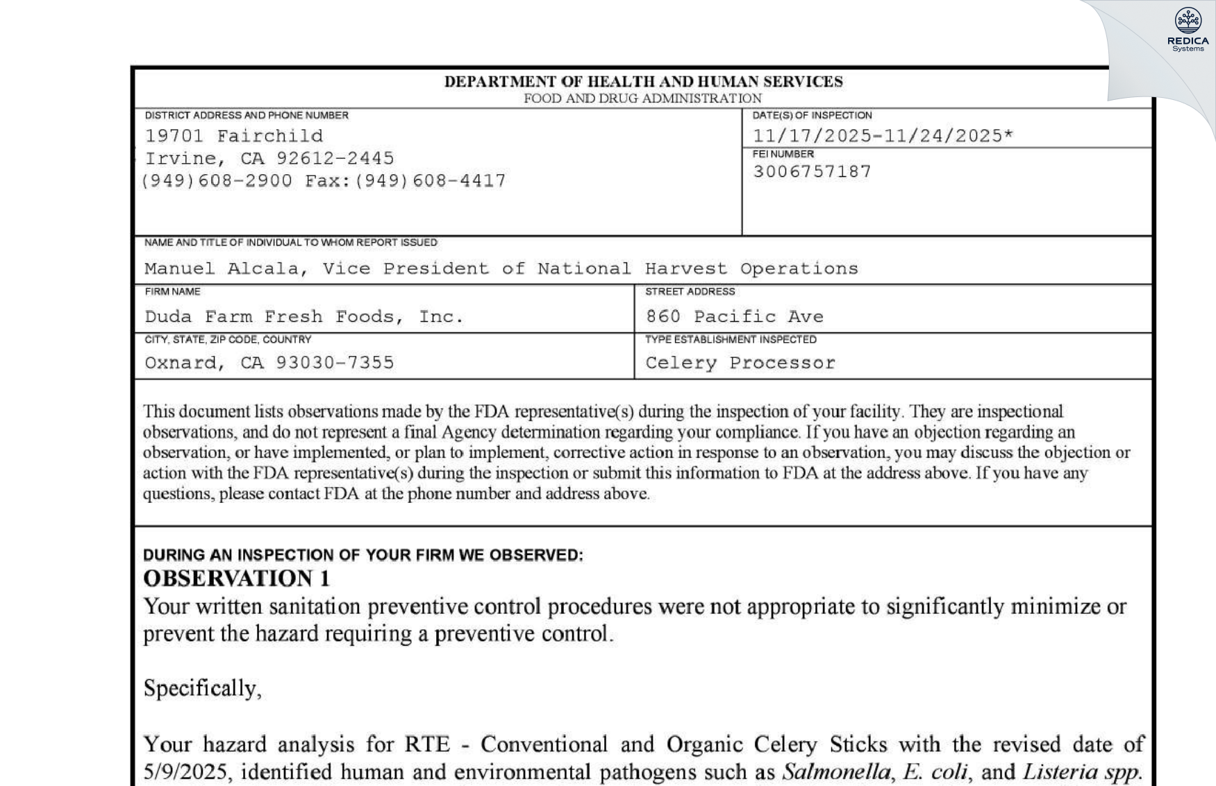 FDA 483 - Duda Farm Fresh Foods, Inc. [Oxnard / United States of America] - Download PDF - Redica Systems