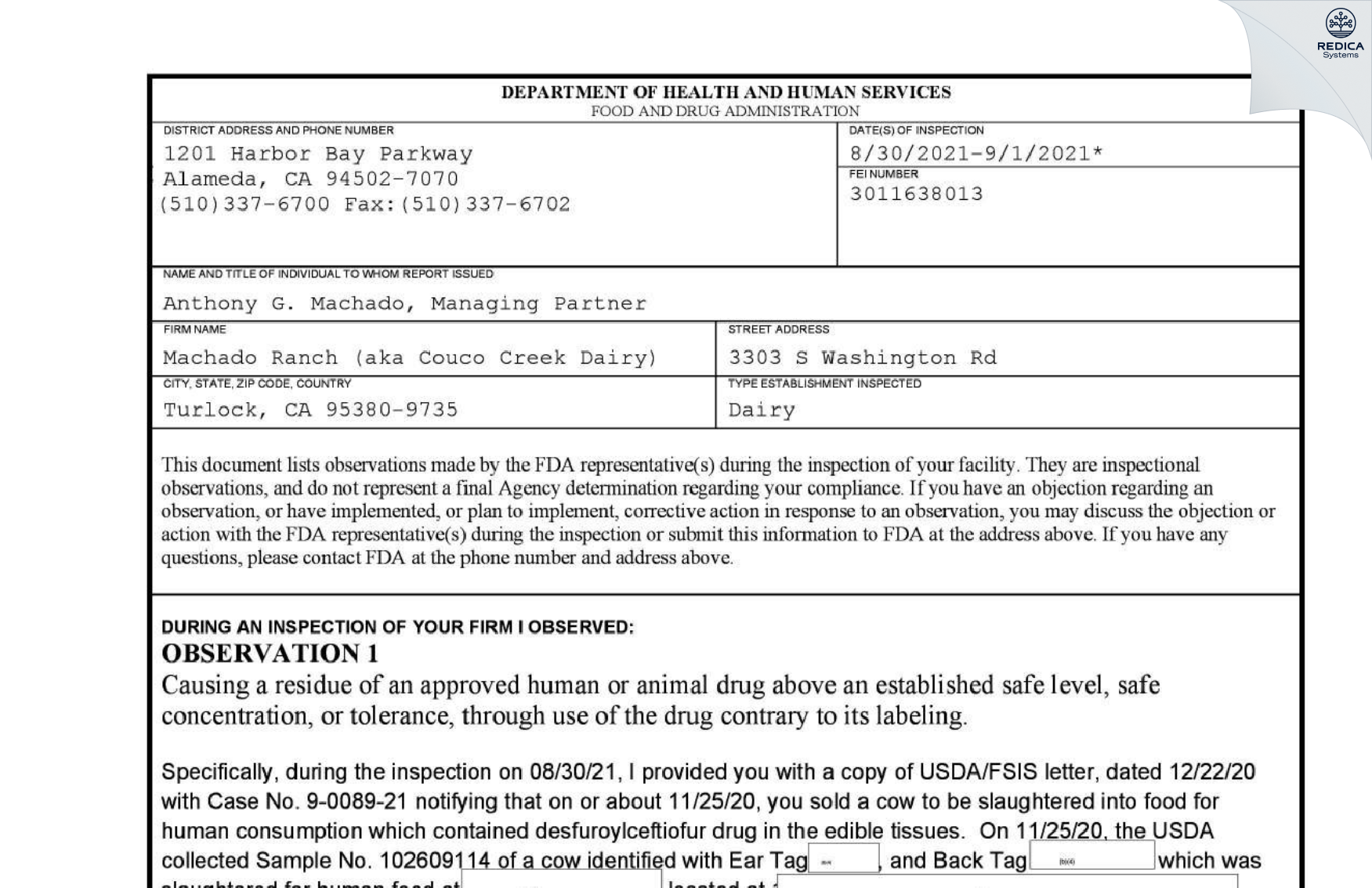 FDA 483 - Machado Ranch (aka Couco Creek Dairy) [Turlock / United States of America] - Download PDF - Redica Systems