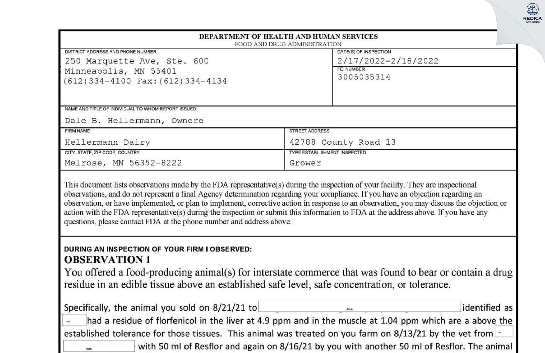 FDA 483 - Hellermann Dairy [Melrose / United States of America] - Download PDF - Redica Systems