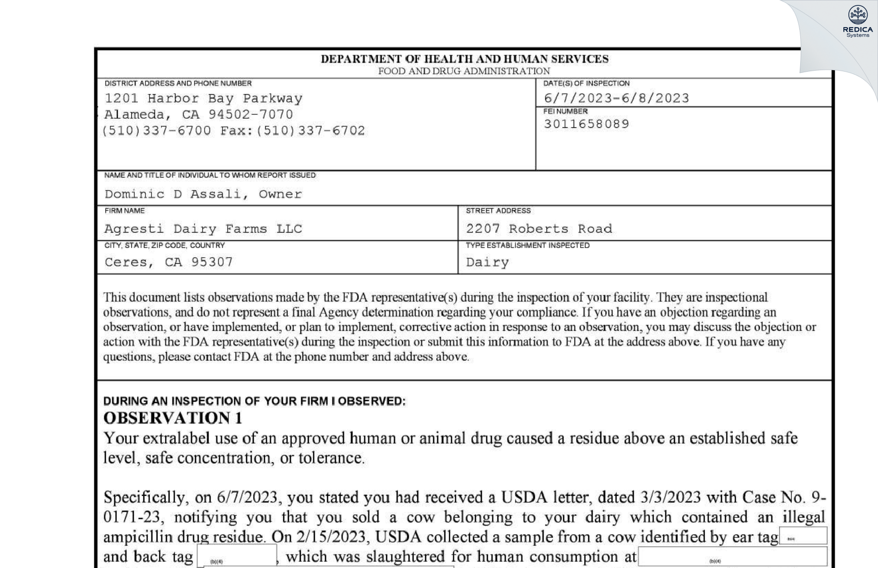 FDA 483 - Agresti Dairy Farms LLC [Ceres / United States of America] - Download PDF - Redica Systems