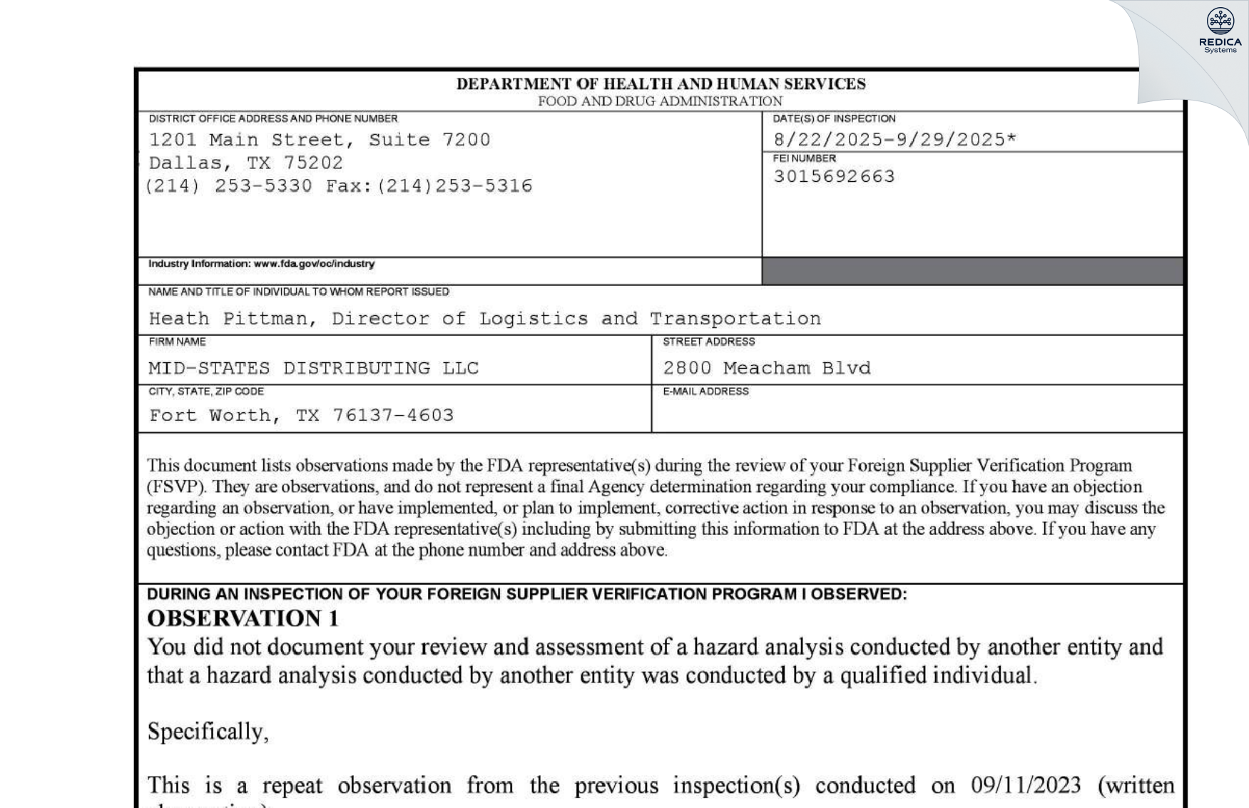 FDA 483 - MID-STATES DISTRIBUTING LLC [Fort Worth / United States of America] - Download PDF - Redica Systems