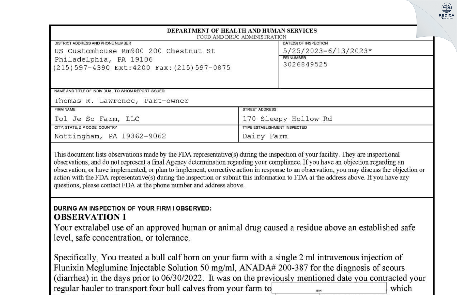 FDA 483 - Tol Je So Farm, LLC [Nottingham / United States of America] - Download PDF - Redica Systems