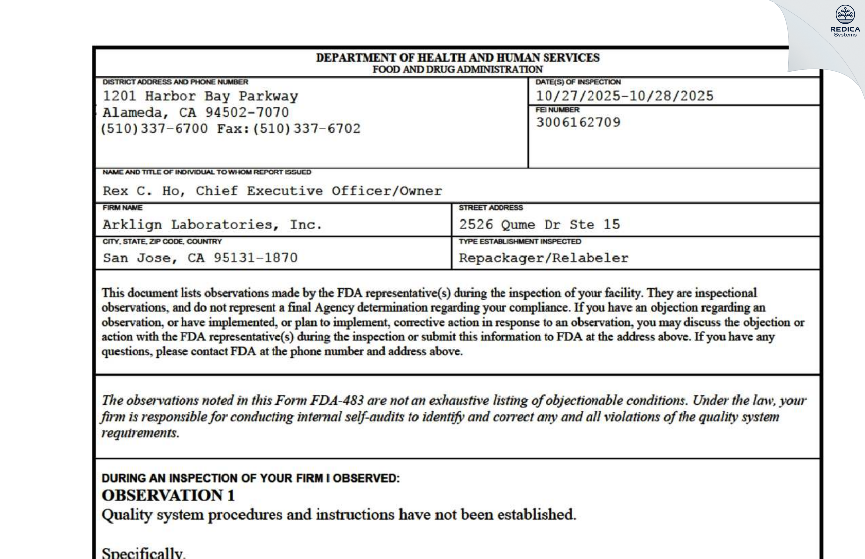 FDA 483 - Arklign Laboratories [San Jose / United States of America] - Download PDF - Redica Systems