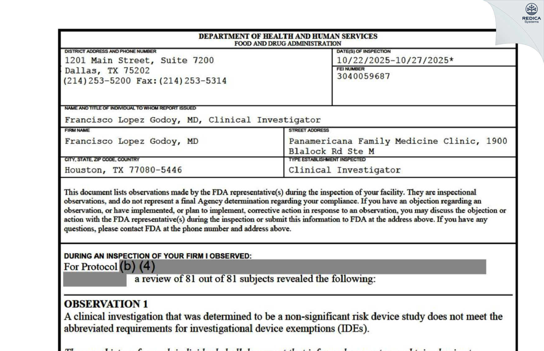 FDA 483 - Francisco Lopez Godoy, MD [Houston / United States of America] - Download PDF - Redica Systems
