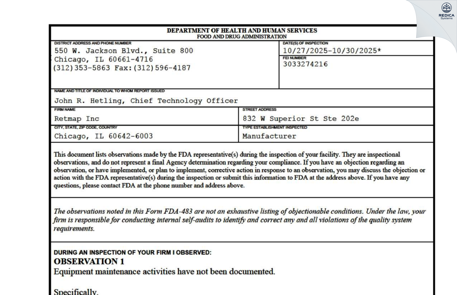 FDA 483 - RETMAP, INC. [Chicago / United States of America] - Download PDF - Redica Systems