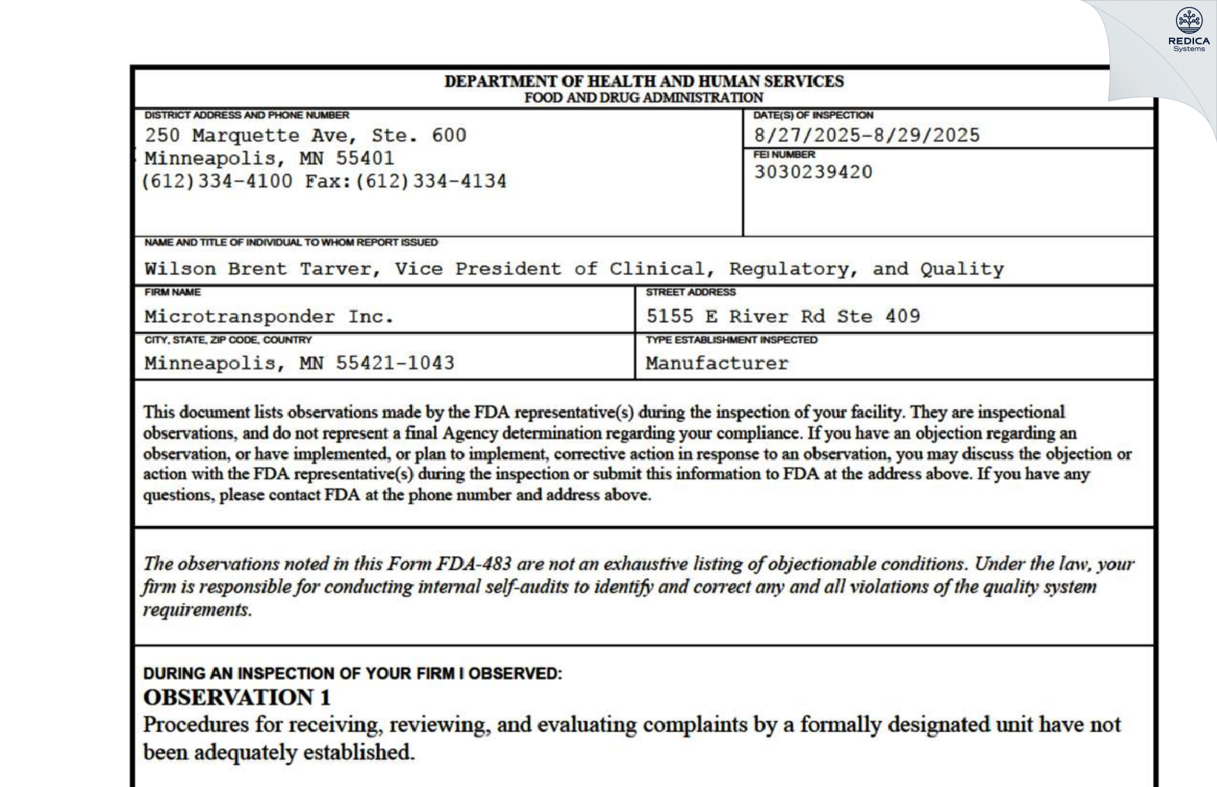 FDA 483 - OPS Center [Minneapolis / United States of America] - Download PDF - Redica Systems