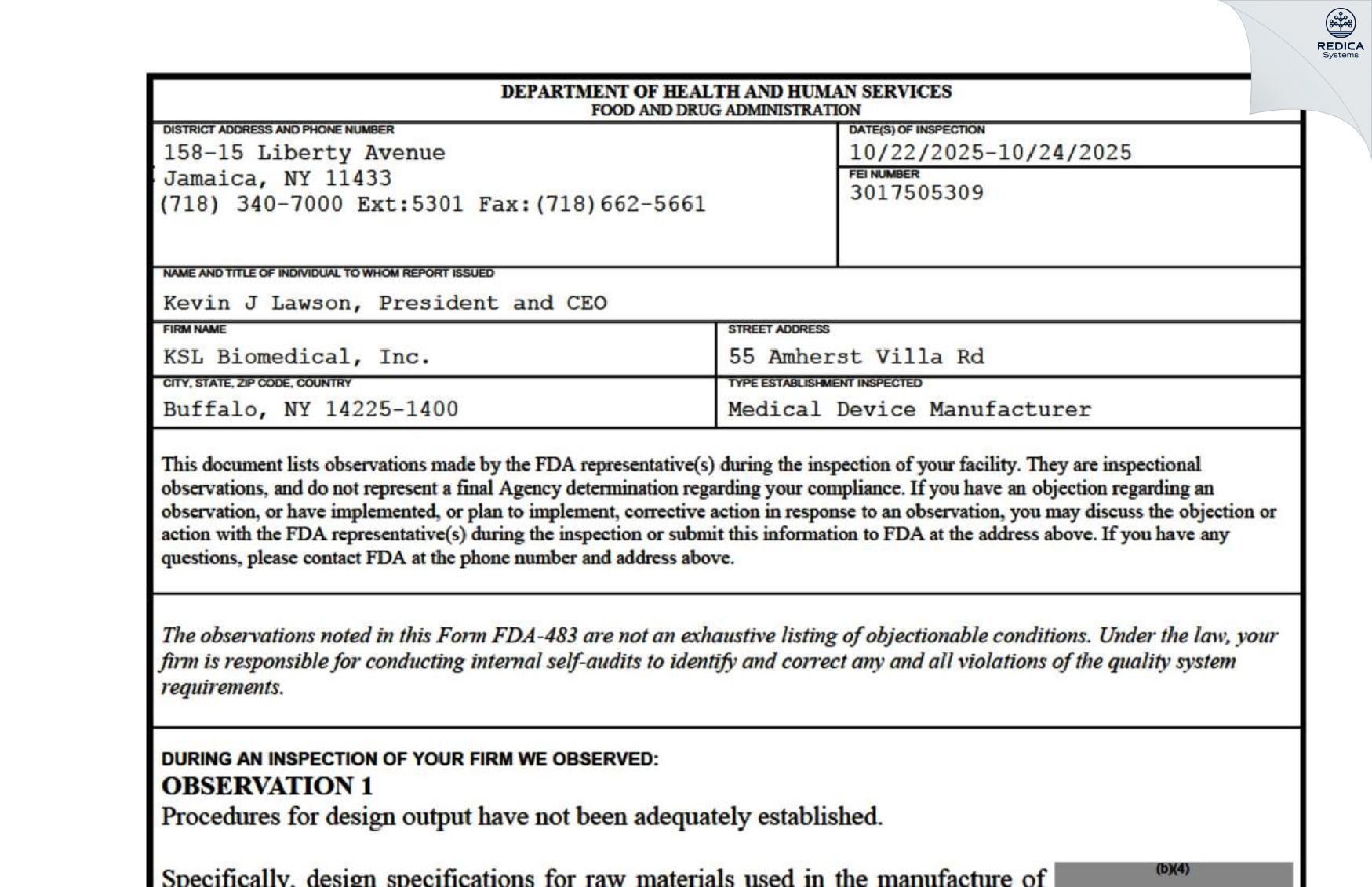 FDA 483 - KSL Biomedical, Inc. [Buffalo / United States of America] - Download PDF - Redica Systems