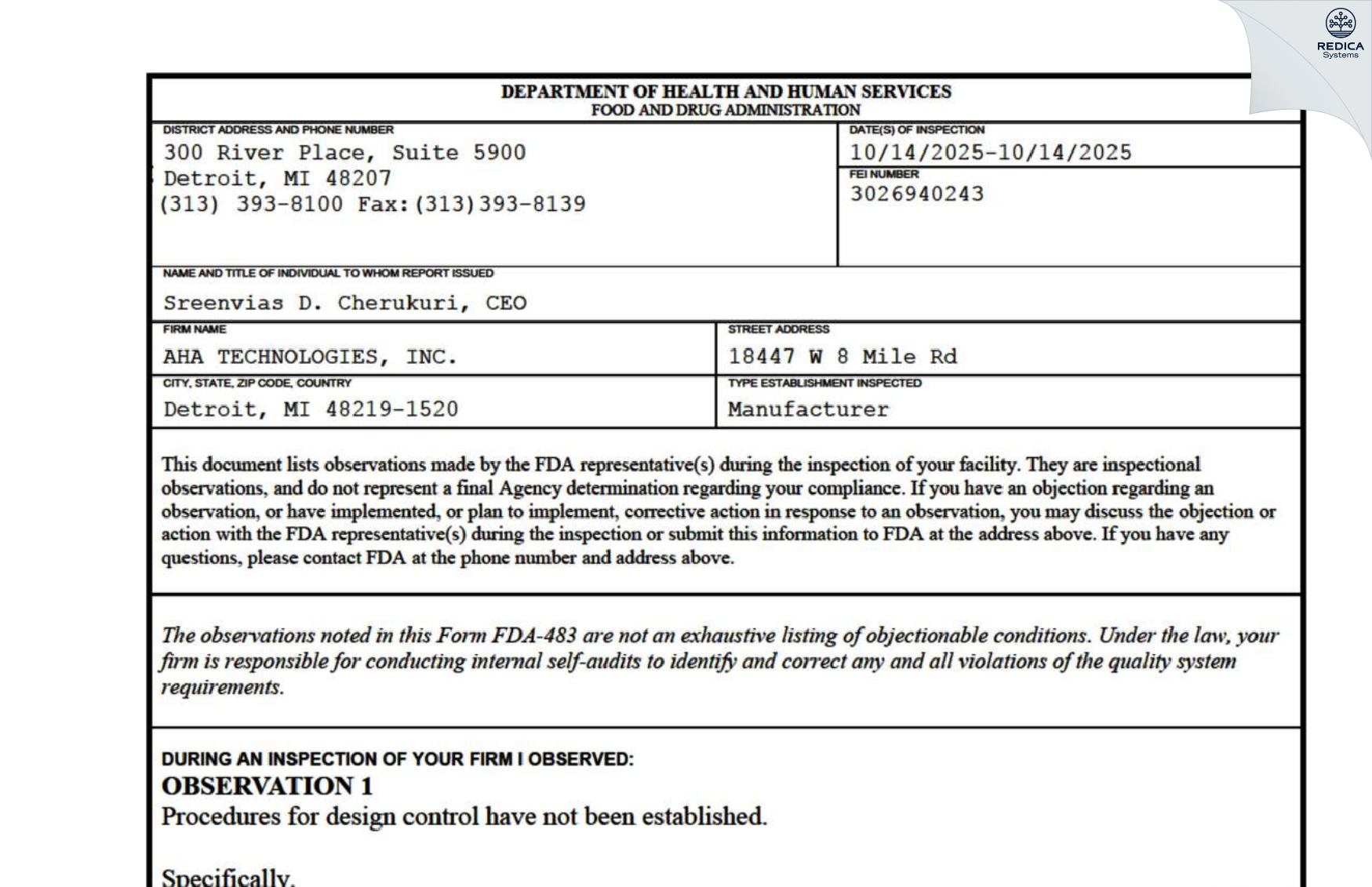 FDA 483 - AHA TECHNOLOGIES, INC. [Detroit / United States of America] - Download PDF - Redica Systems