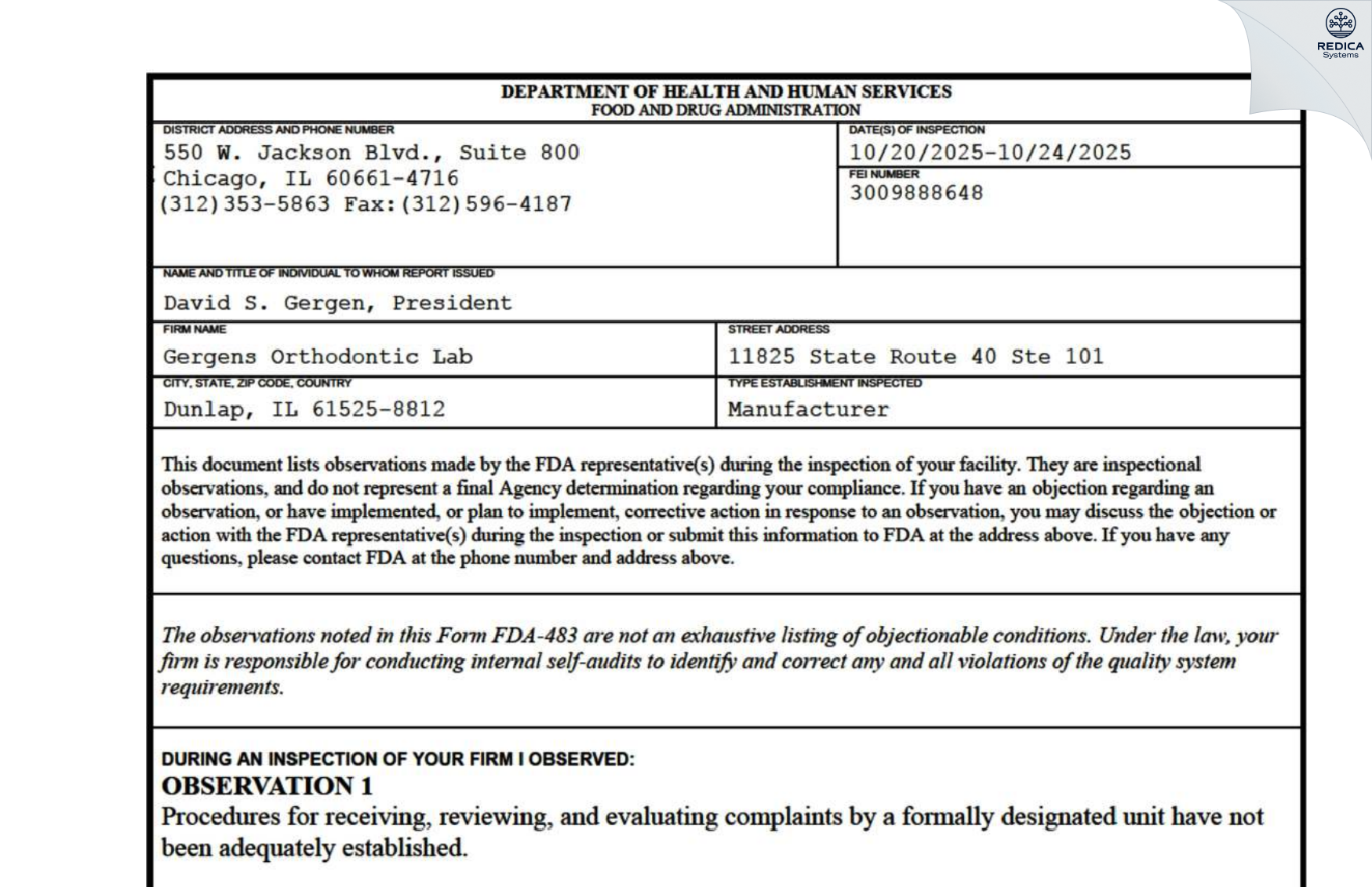 FDA 483 - Gergens Orthodontic Lab [Dunlap / United States of America] - Download PDF - Redica Systems