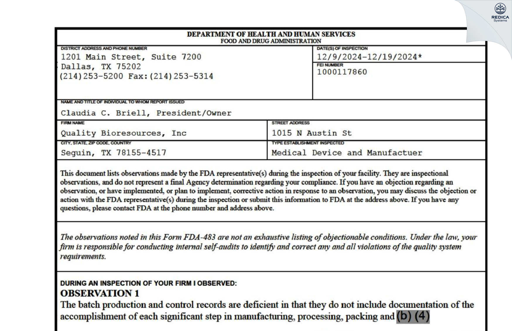 FDA 483 - Quality Bioresources, Inc [Seguin / United States of America] - Download PDF - Redica Systems