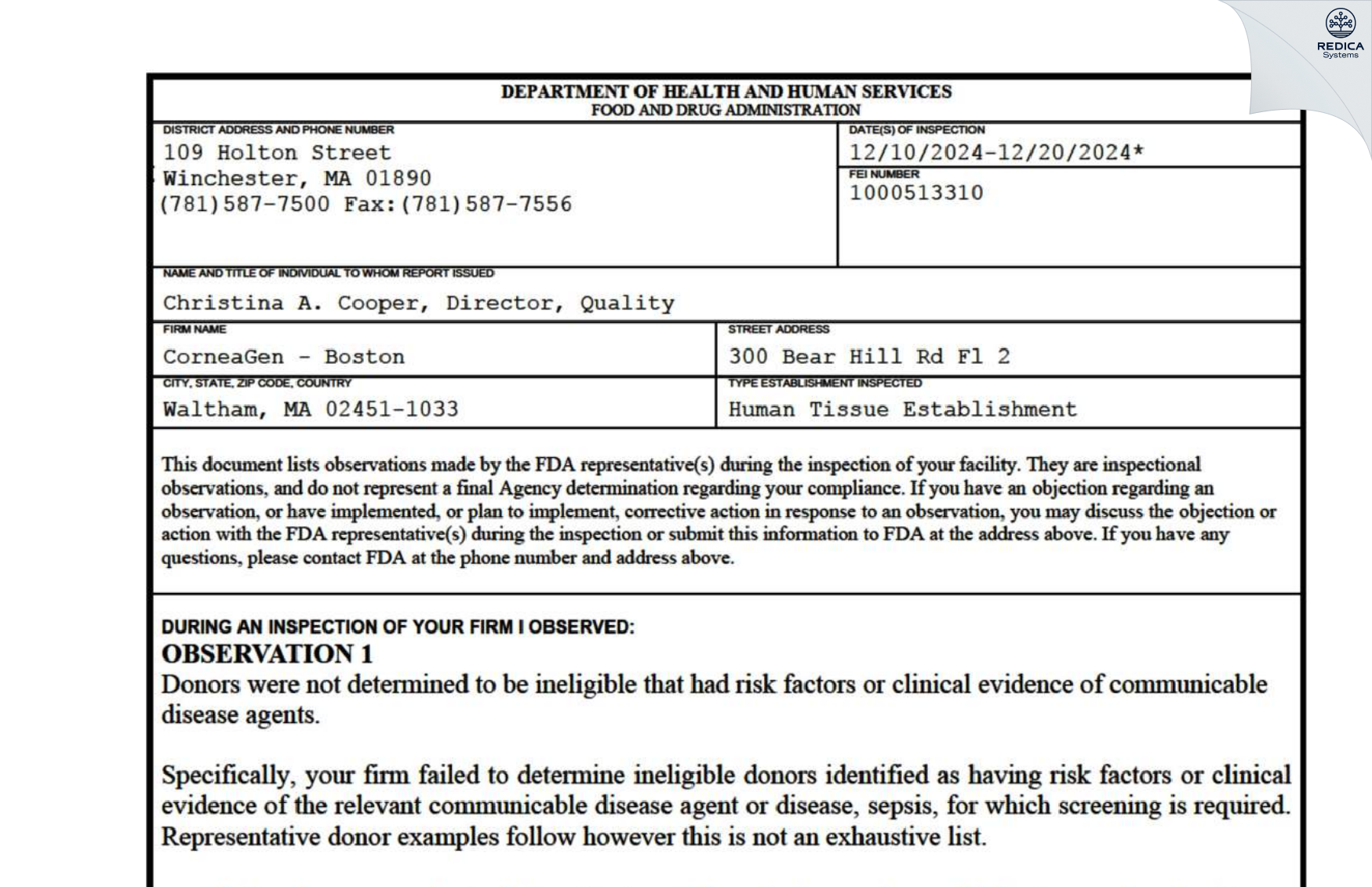 FDA 483 - CorneaGen - Boston [Waltham / United States of America] - Download PDF - Redica Systems