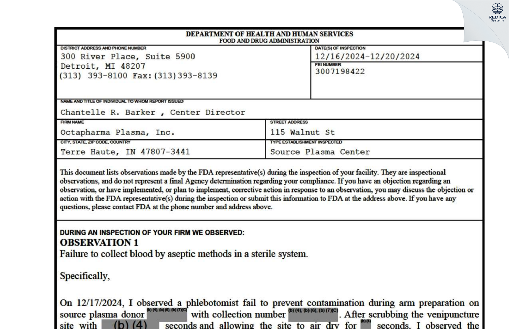 FDA 483 - Octapharma Plasma, Inc. [Terre Haute / United States of America] - Download PDF - Redica Systems