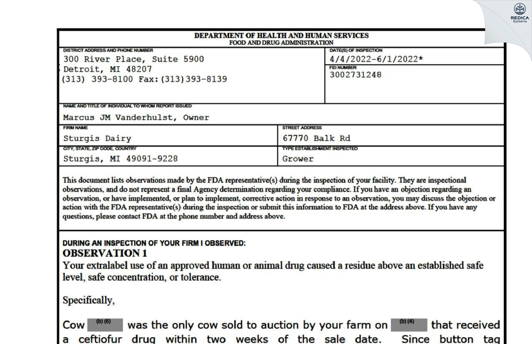 FDA 483 - Sturgis Dairy [Sturgis / United States of America] - Download PDF - Redica Systems