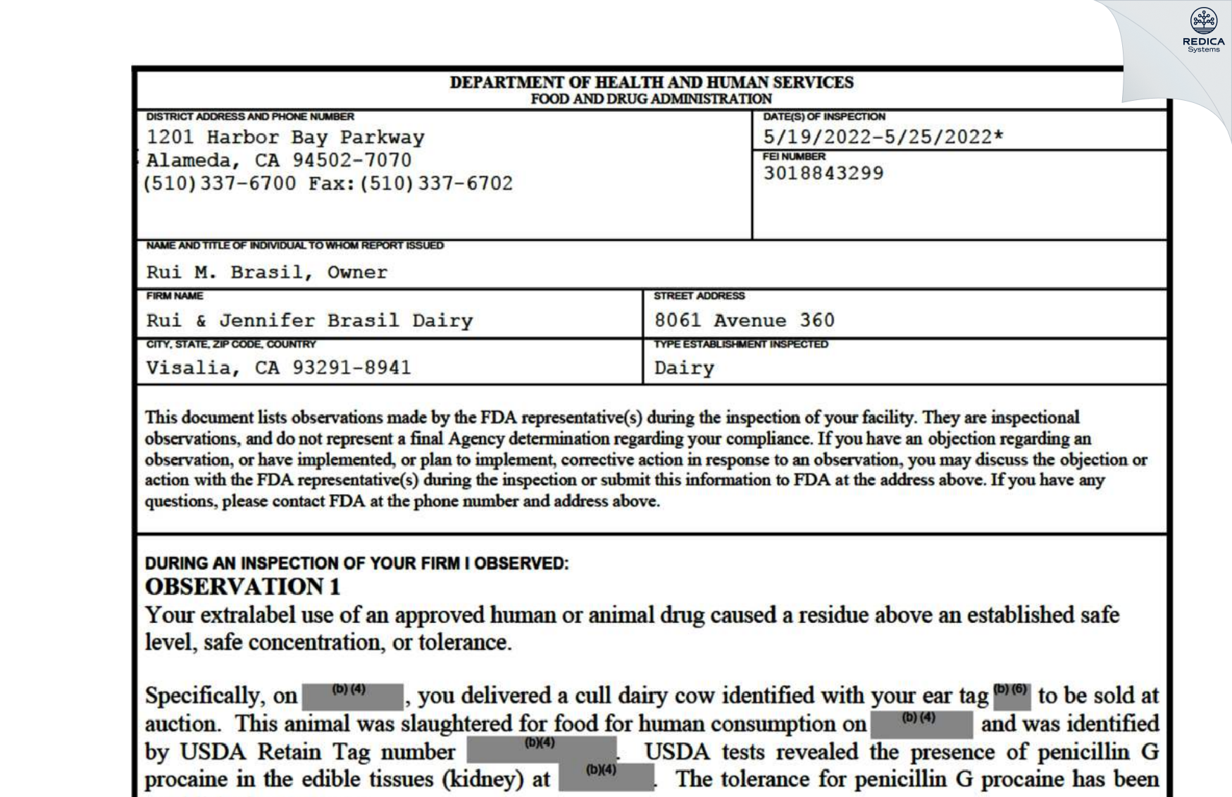FDA 483 - Rui & Jennifer Brasil Dairy [Visalia / United States of America] - Download PDF - Redica Systems