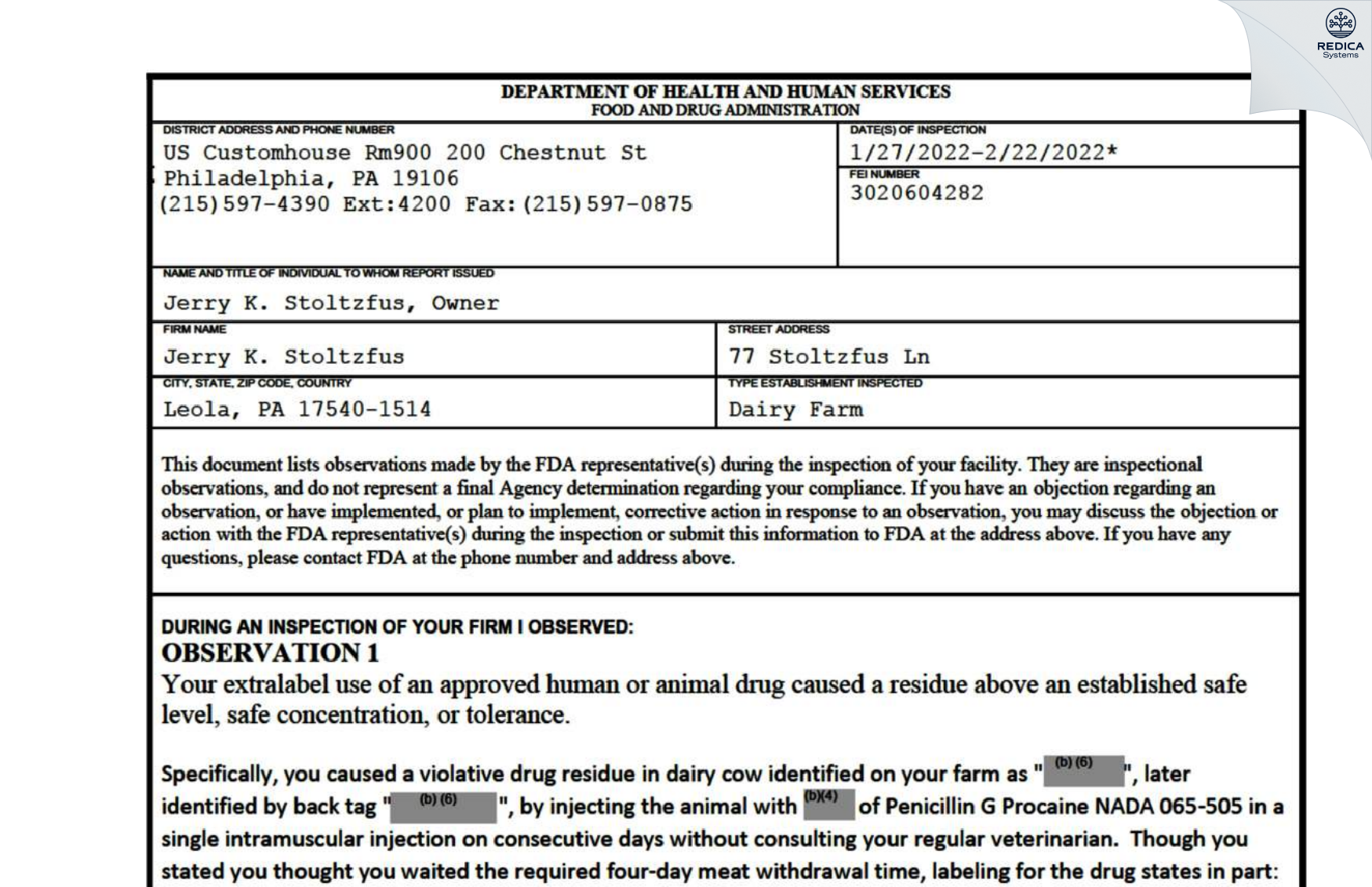FDA 483 - Jerry K. Stoltzfus [Leola / United States of America] - Download PDF - Redica Systems