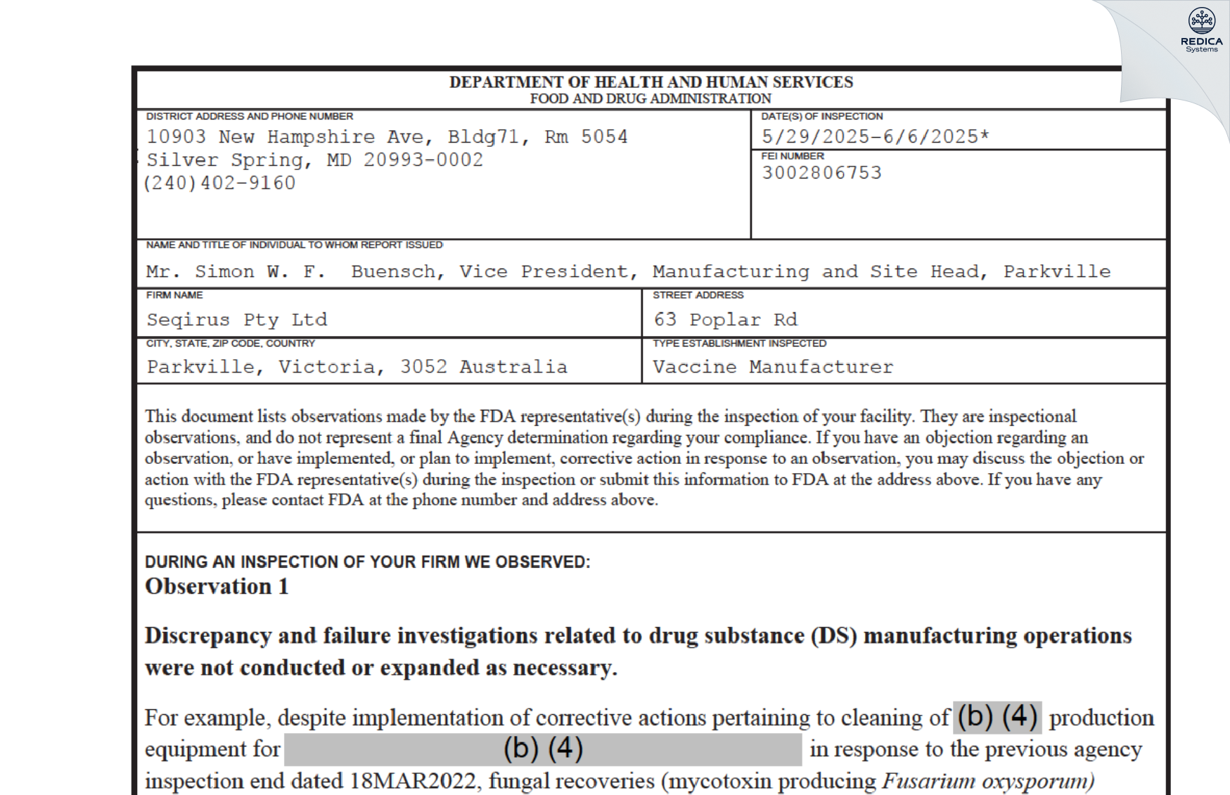 FDA 483 - Seqirus Pty Ltd [Melbourne / Australia] - Download PDF - Redica Systems