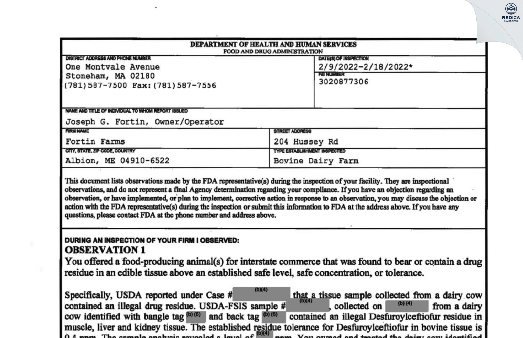 FDA 483 - Fortin Farms [Albion / United States of America] - Download PDF - Redica Systems