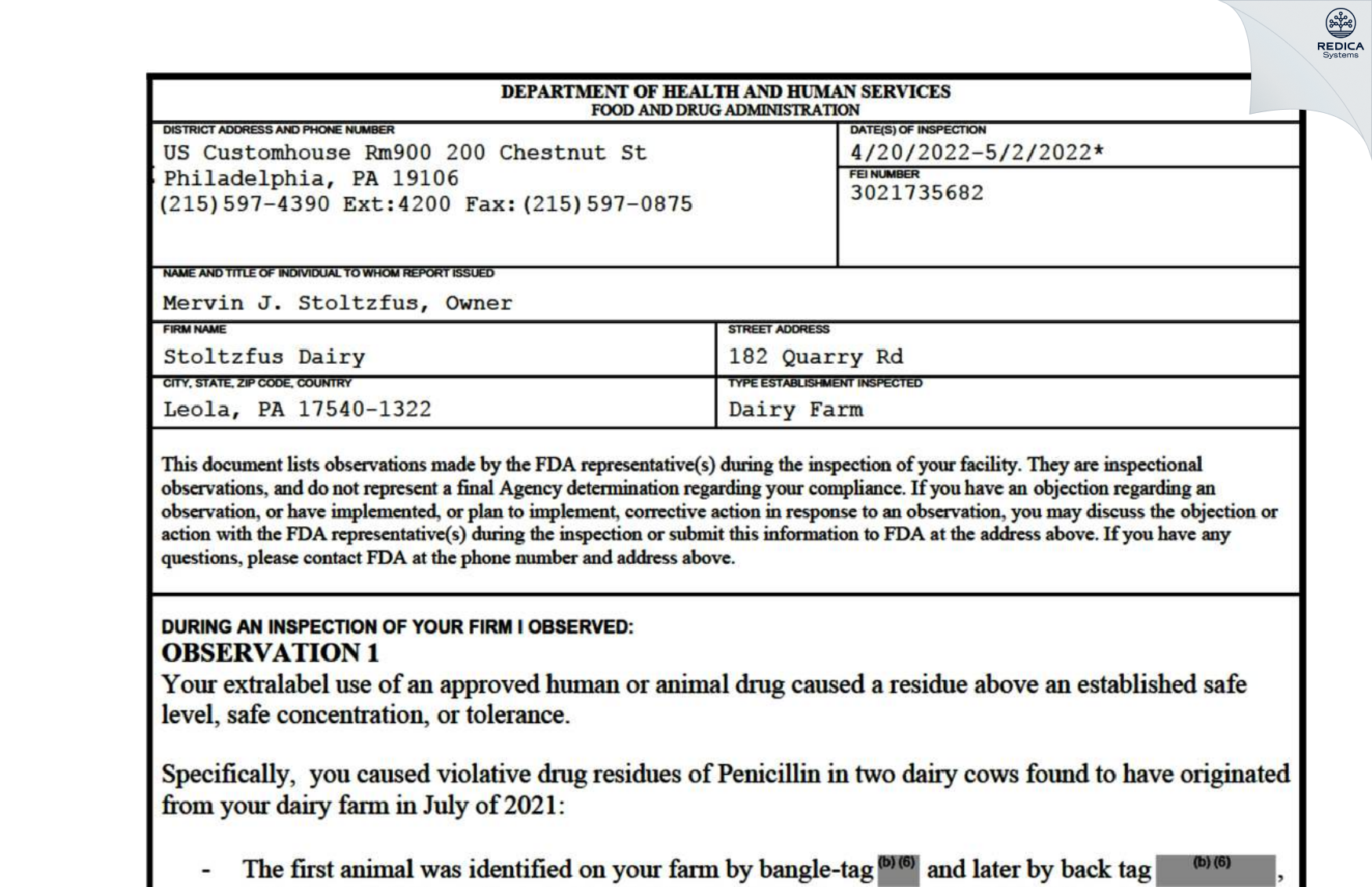 FDA 483 - Stoltzfus Dairy [Leola / United States of America] - Download PDF - Redica Systems