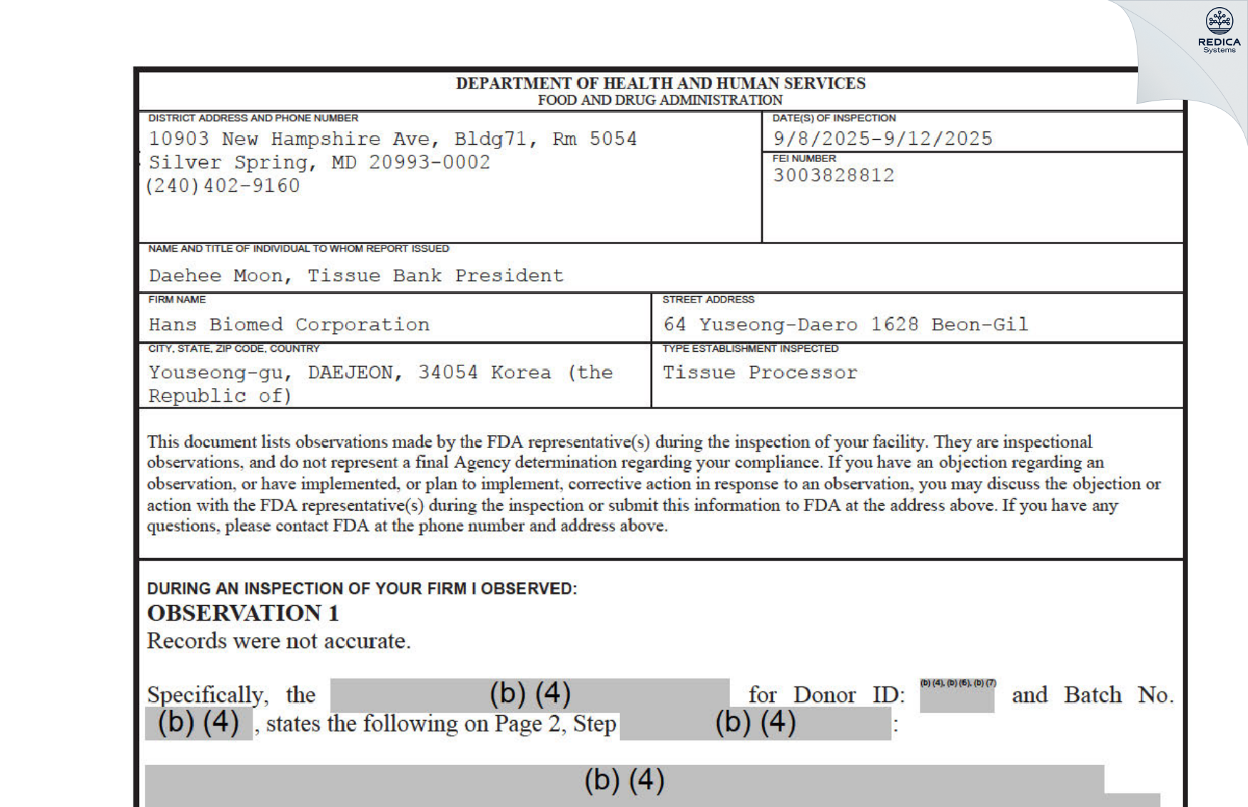 FDA 483 - Hans Biomed Corporation [Gil-Dong / Korea (Republic of)] - Download PDF - Redica Systems
