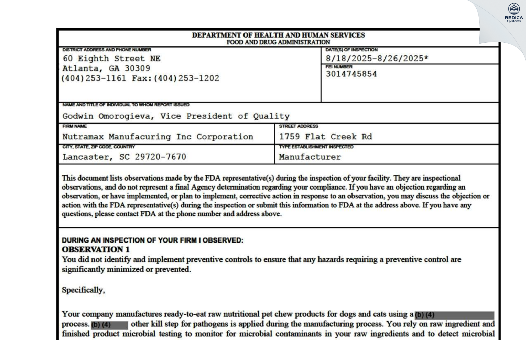 FDA 483 - Nutramax Manufacuring Inc Corporation [Lancaster / United States of America] - Download PDF - Redica Systems