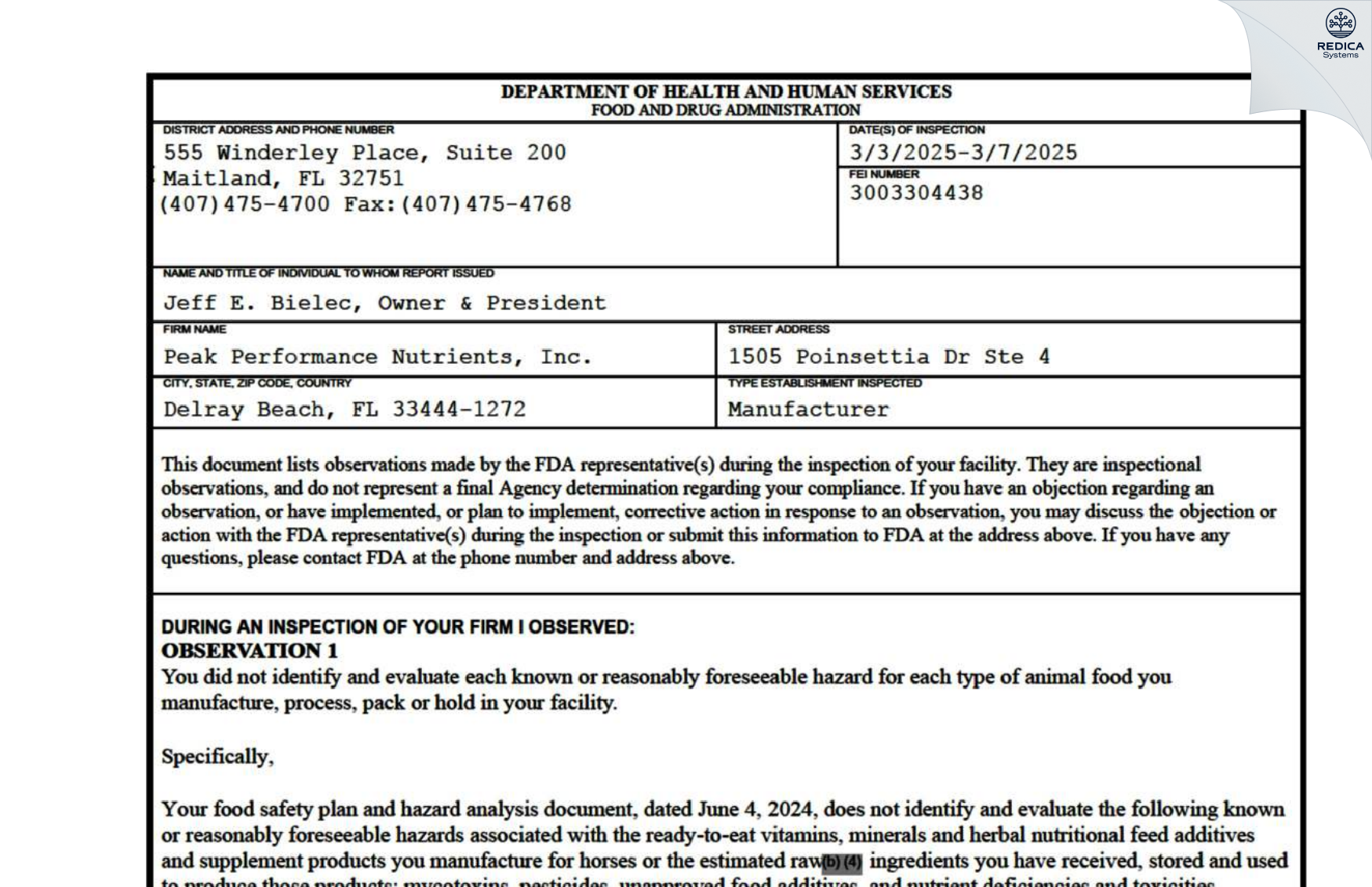 FDA 483 - Peak Performance Nutrients, Inc. [Delray Beach / United States of America] - Download PDF - Redica Systems