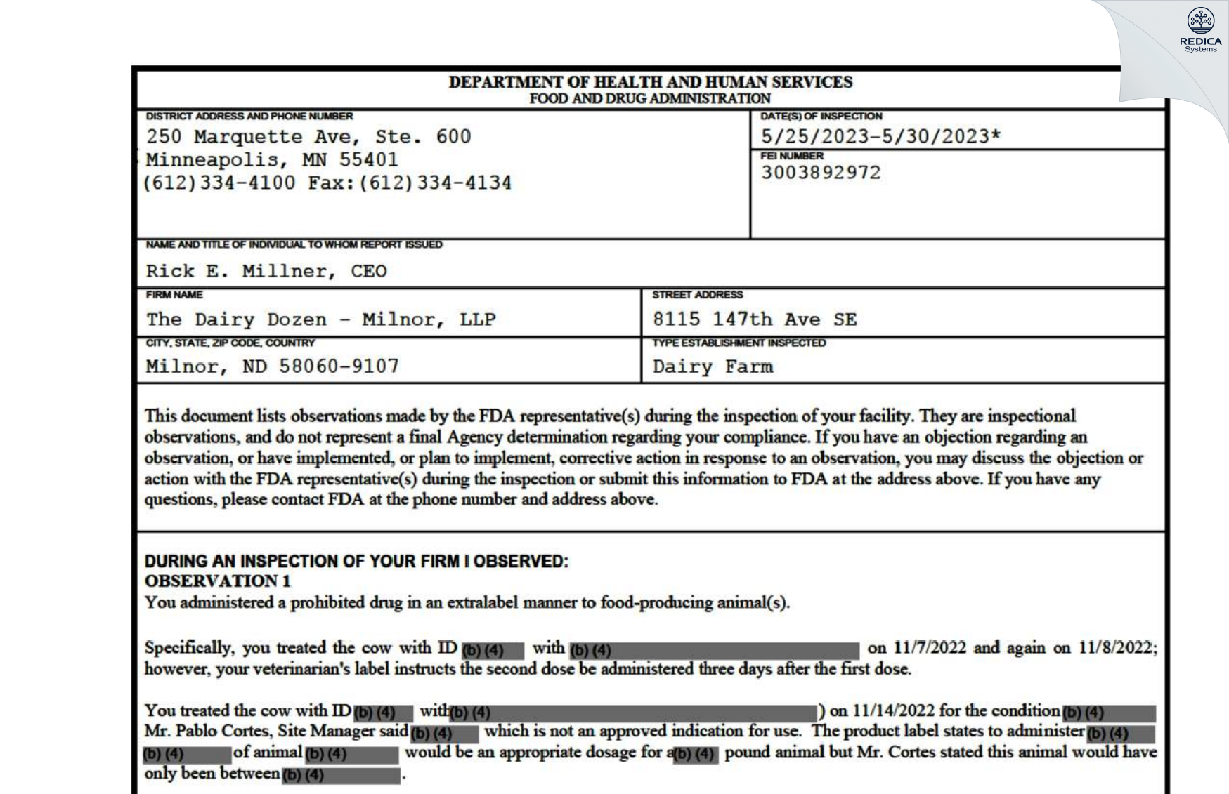 FDA 483 - The Dairy Dozen - Milnor, LLP [Milnor / United States of America] - Download PDF - Redica Systems