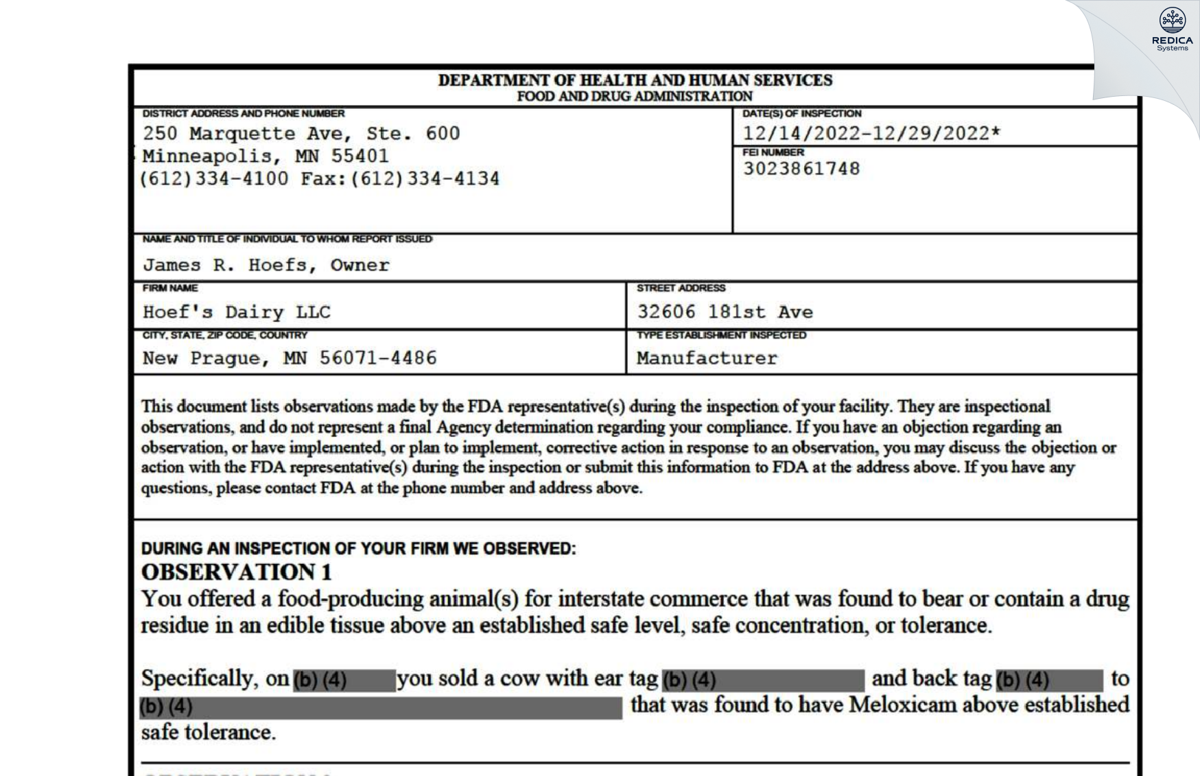 FDA 483 - Hoef's Dairy LLC [New Prague / United States of America] - Download PDF - Redica Systems