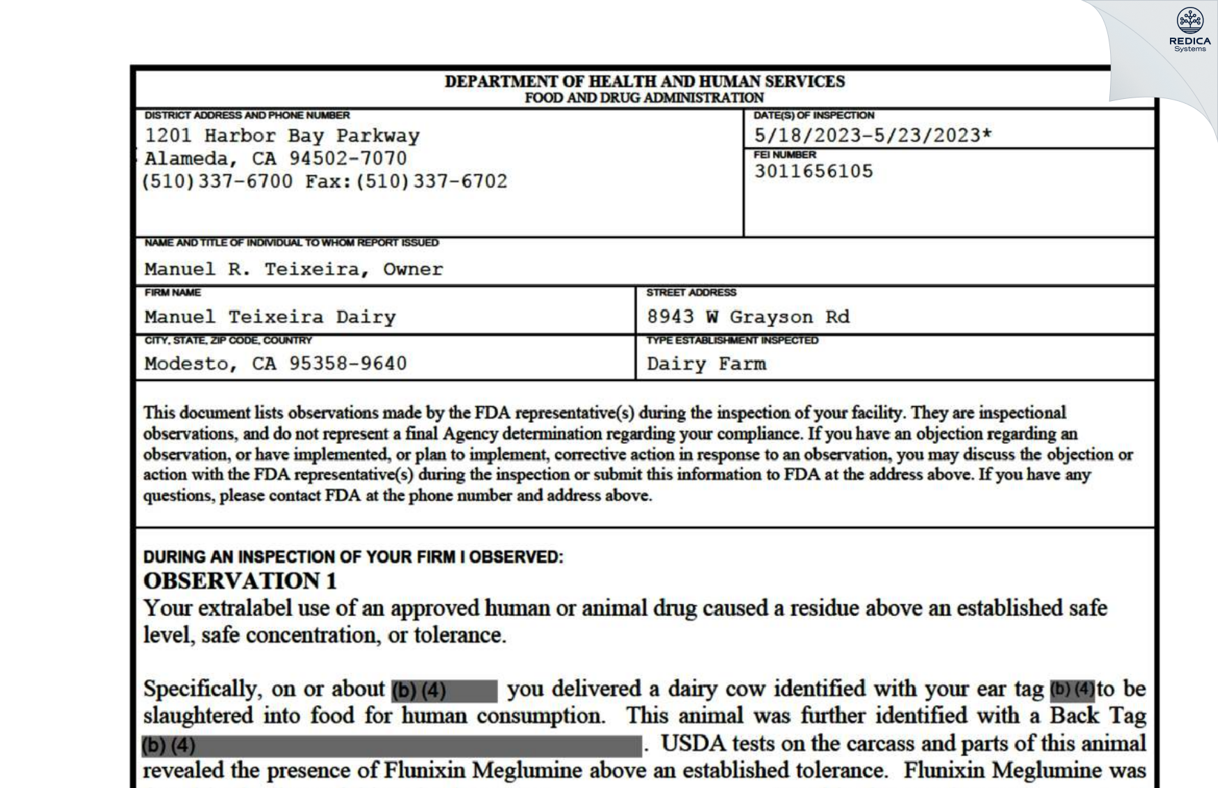 FDA 483 - Manuel Teixeira Dairy [Modesto / United States of America] - Download PDF - Redica Systems