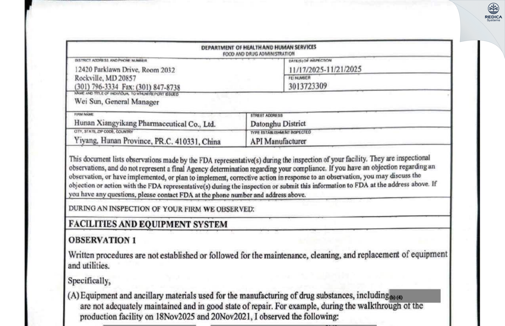 FDA 483 - Hunan Xiangyikang Pharmaceutical Co., Ltd [Datonghu / China] - Download PDF - Redica Systems