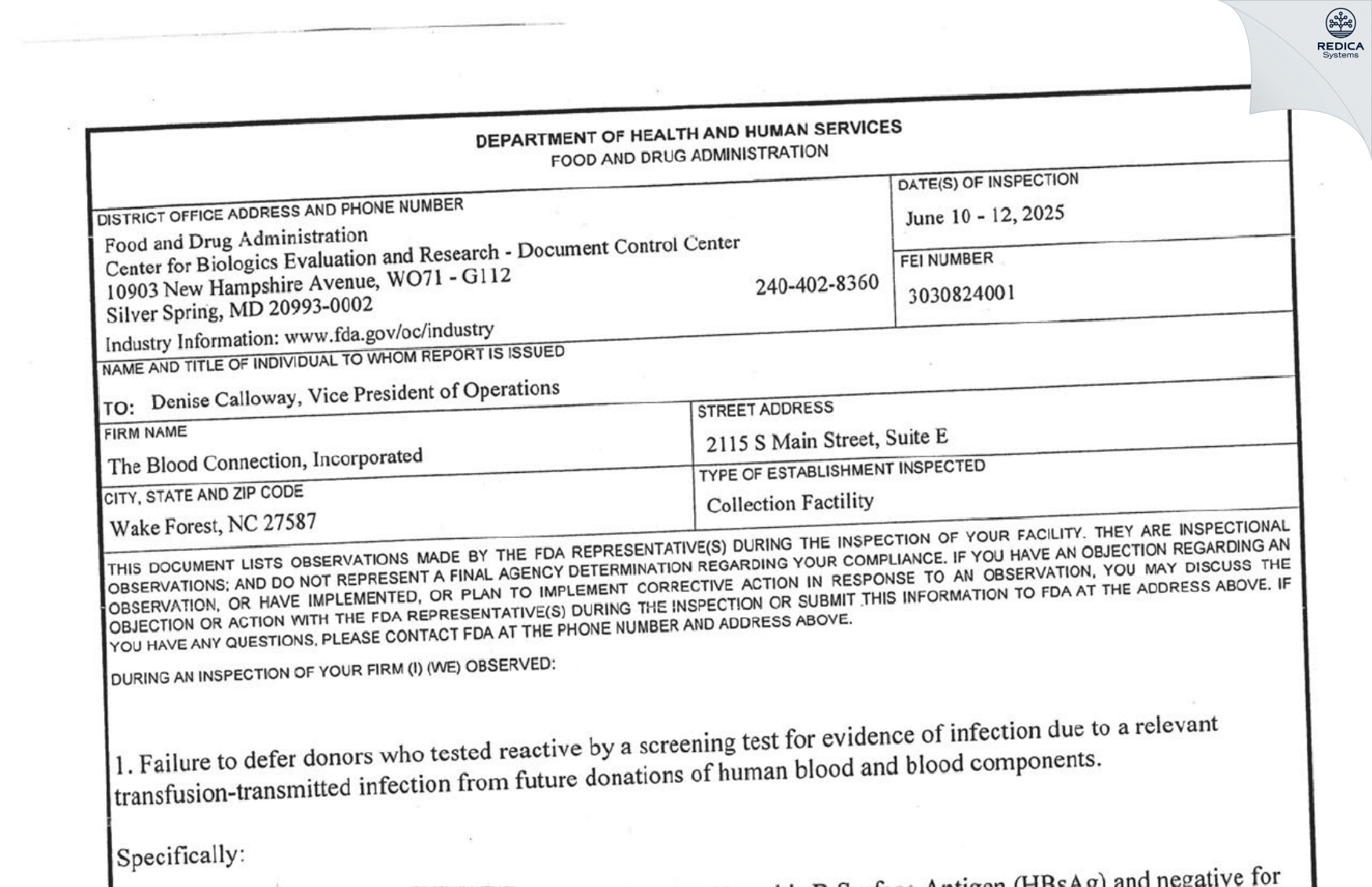 FDA 483 - Blood Connection Inc (The) [Wake Forest / United States of America] - Download PDF - Redica Systems