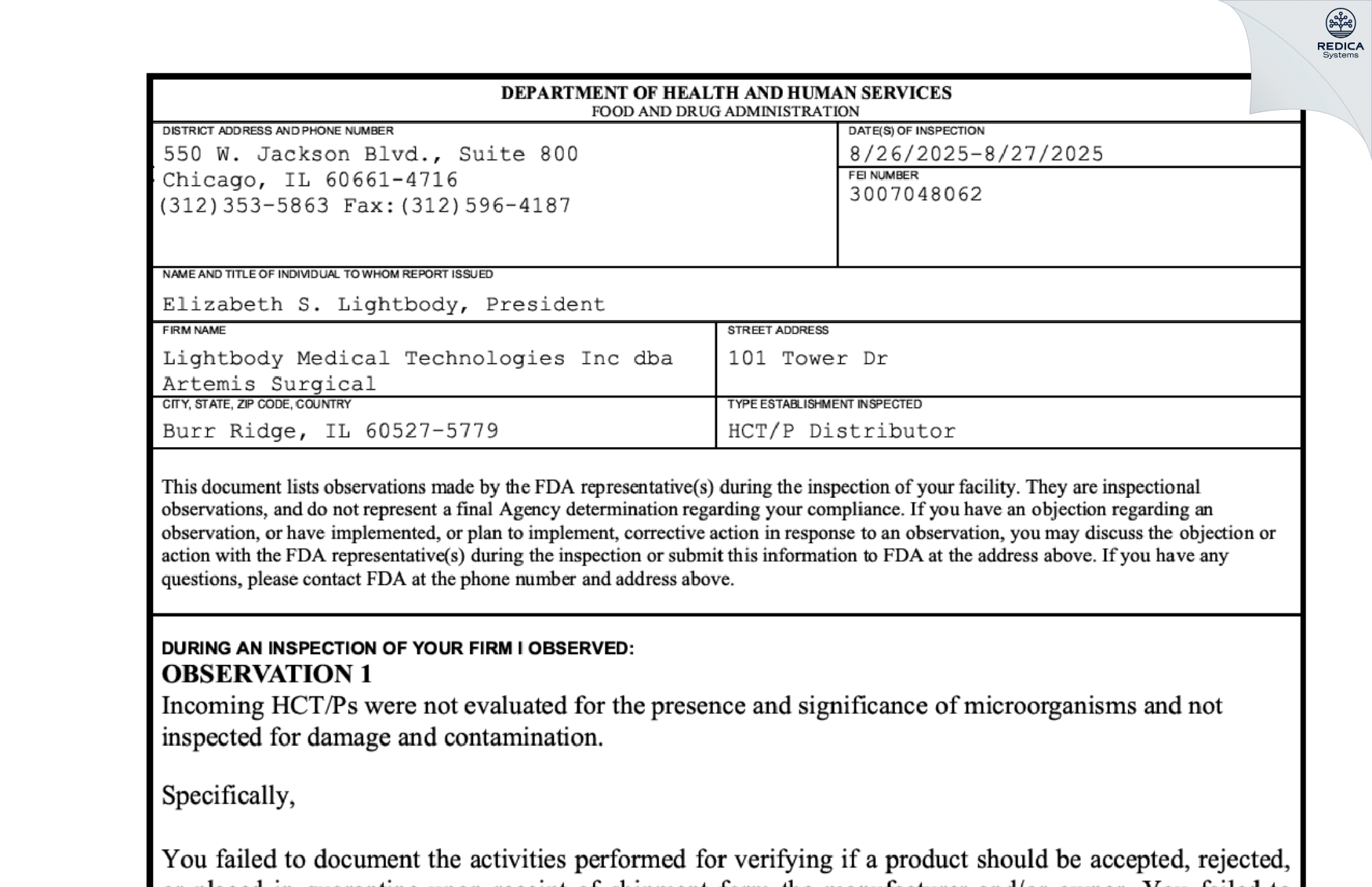 FDA 483 - Medwest Associates [Burr Ridge / United States of America] - Download PDF - Redica Systems