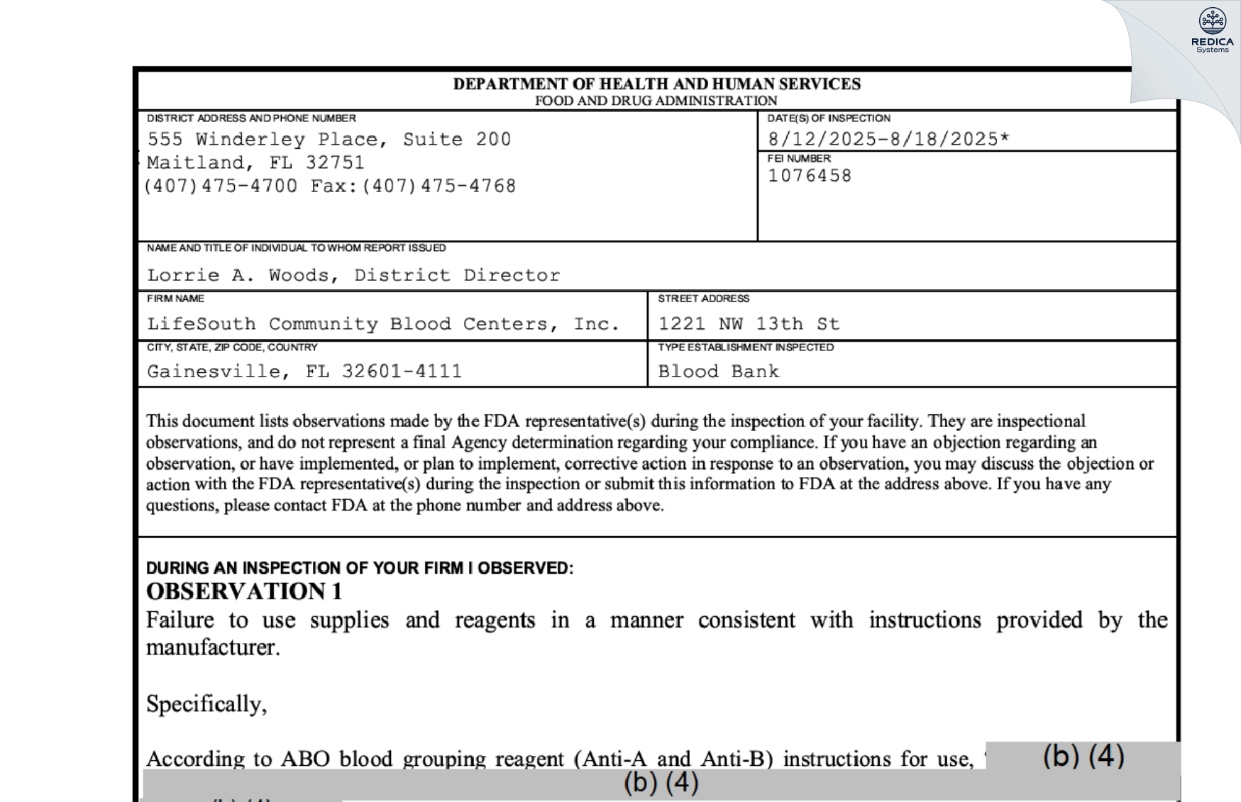 FDA 483 - LifeSouth Community Blood Centers, Inc. [Gainesville / United States of America] - Download PDF - Redica Systems