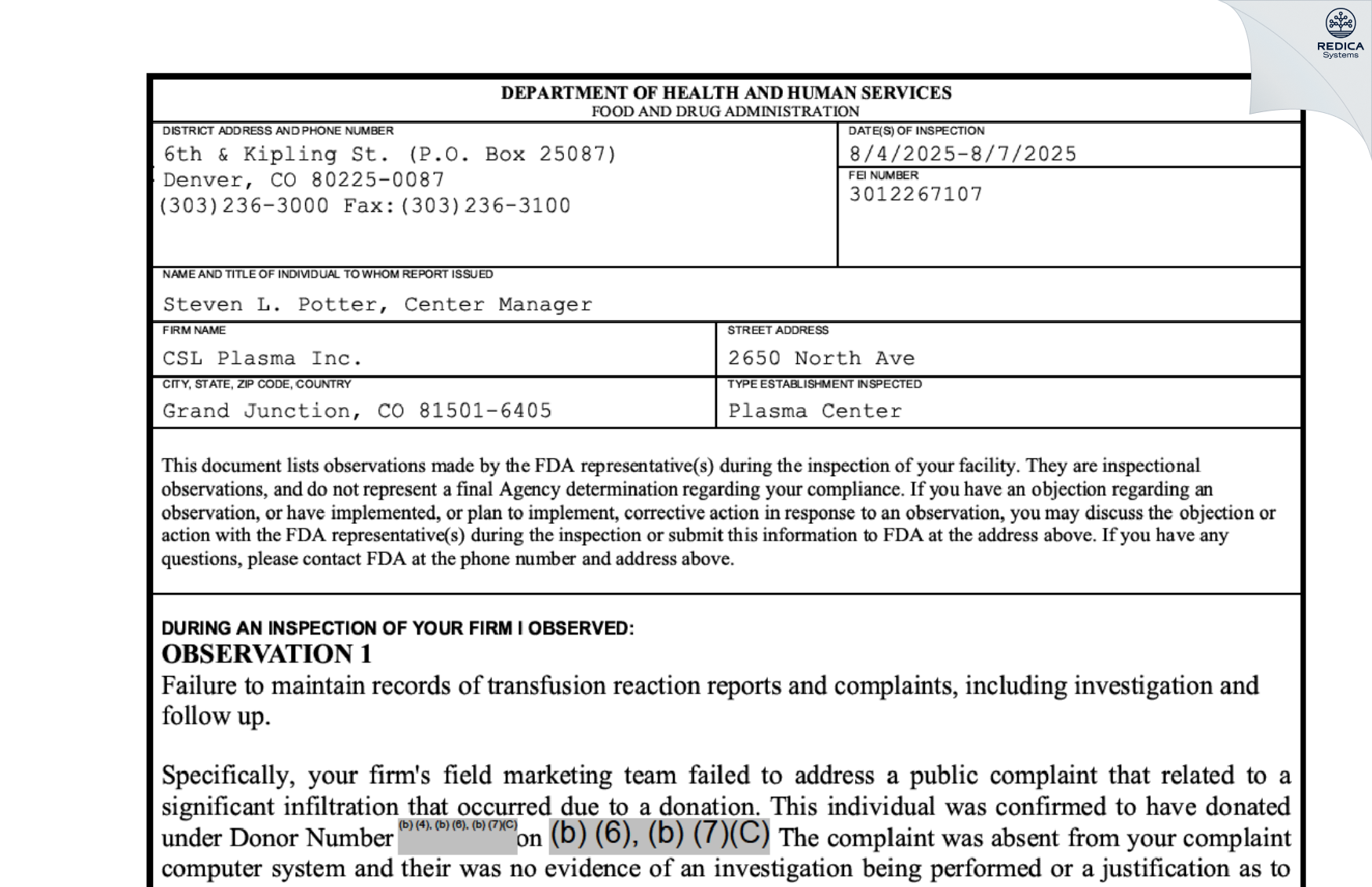 FDA 483 - CSL Plasma Inc. [Grand Junction / United States of America] - Download PDF - Redica Systems