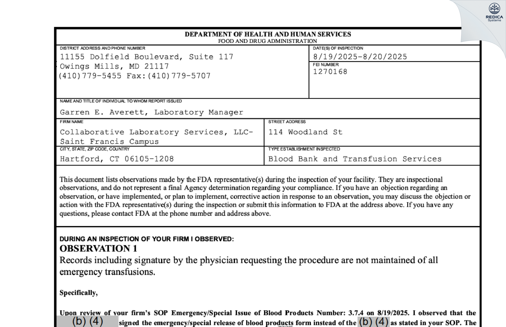 FDA 483 - Collaborative Laboratory Services, LLC- Saint Francis Campus [Hartford / United States of America] - Download PDF - Redica Systems