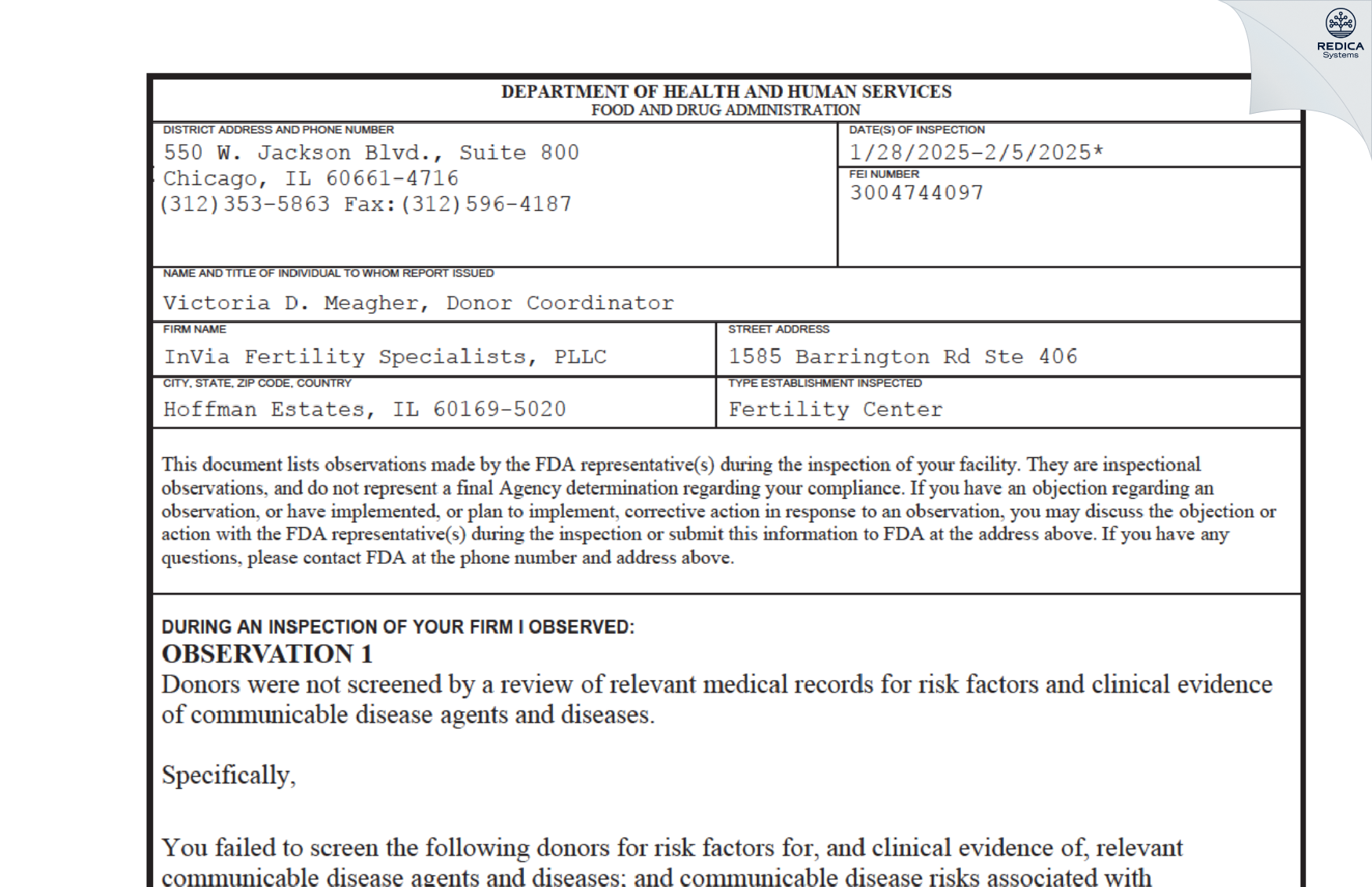 FDA 483 - InVia Fertility Specialists, PLLC [Hoffman Estates / United States of America] - Download PDF - Redica Systems