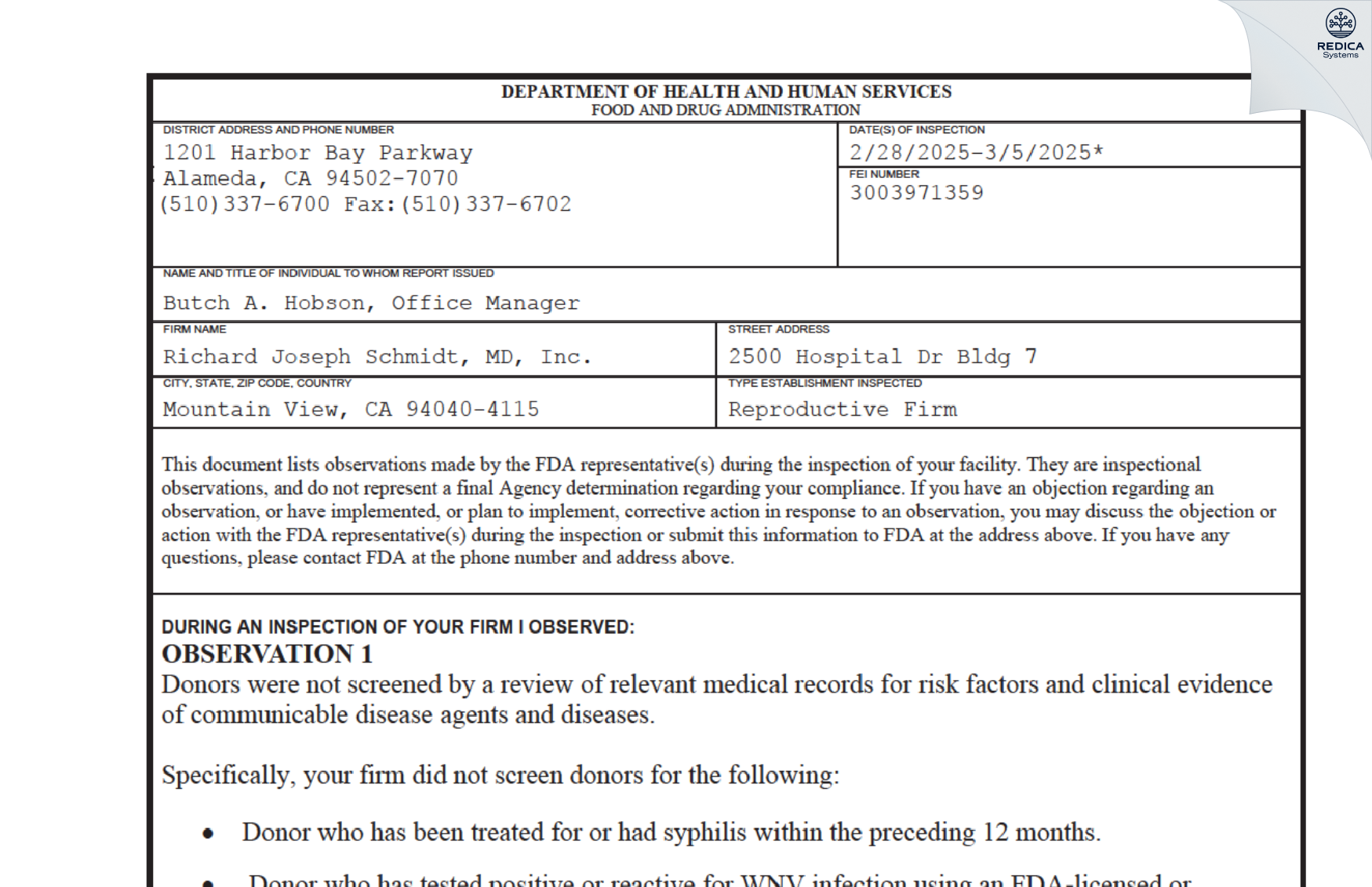 FDA 483 - Richard Joseph Schmidt, MD, Inc. [Mountain View / United States of America] - Download PDF - Redica Systems