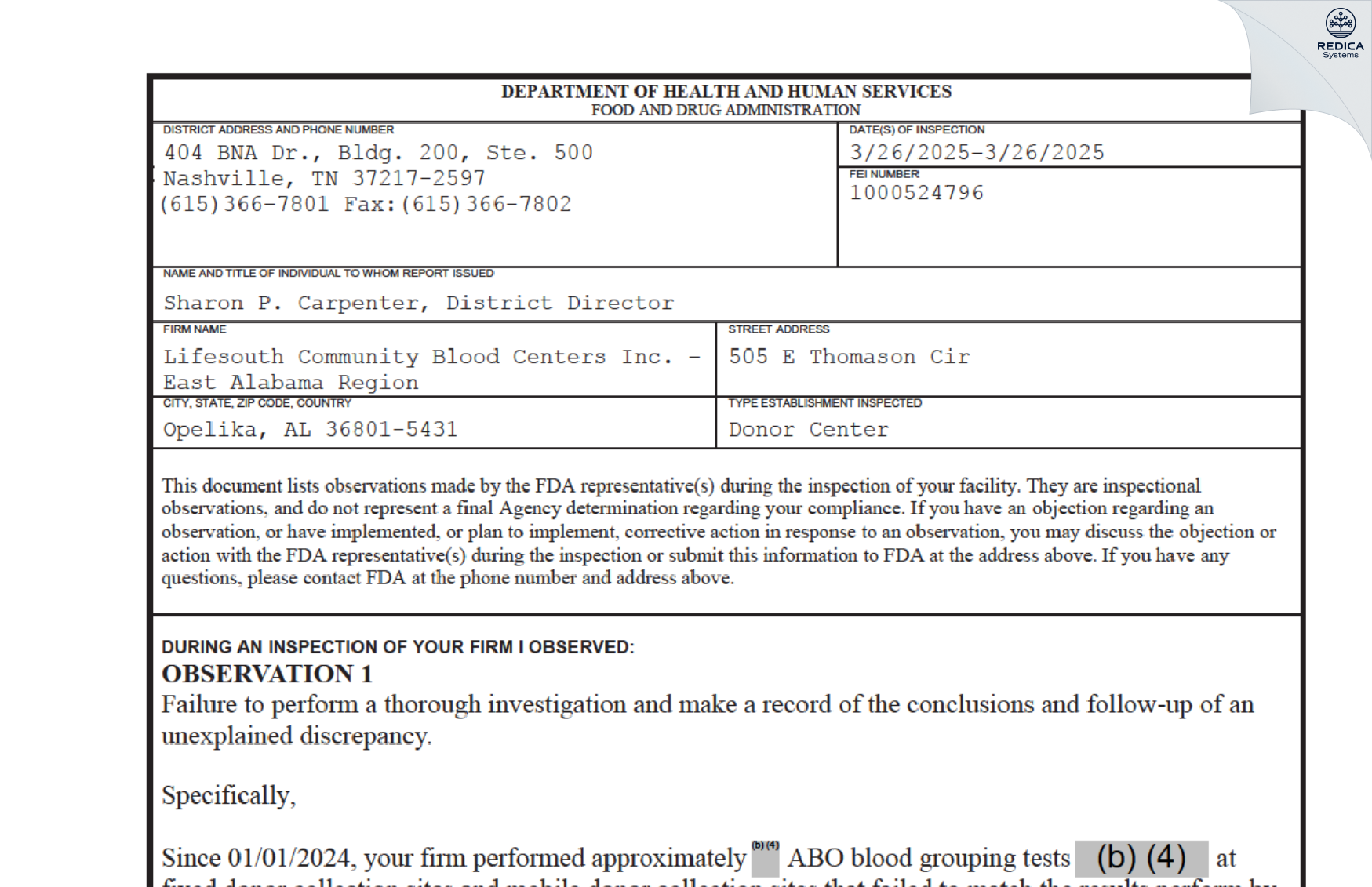 FDA 483 - Lifesouth Community Blood Centers Inc. - East Alabama Region [Opelika / United States of America] - Download PDF - Redica Systems