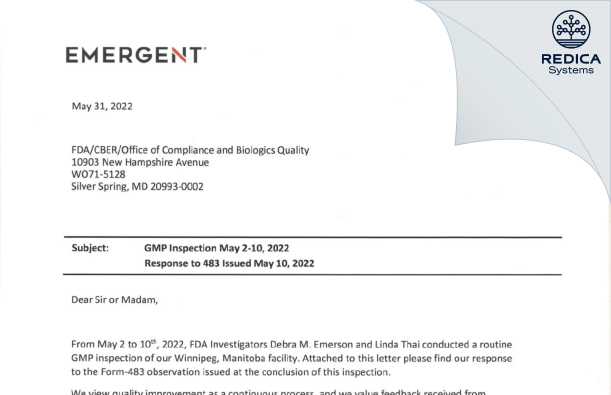 FDA 483 Response - Emergent BioSolutions Canada Inc [Winnipeg / Canada] - Download PDF - Redica Systems