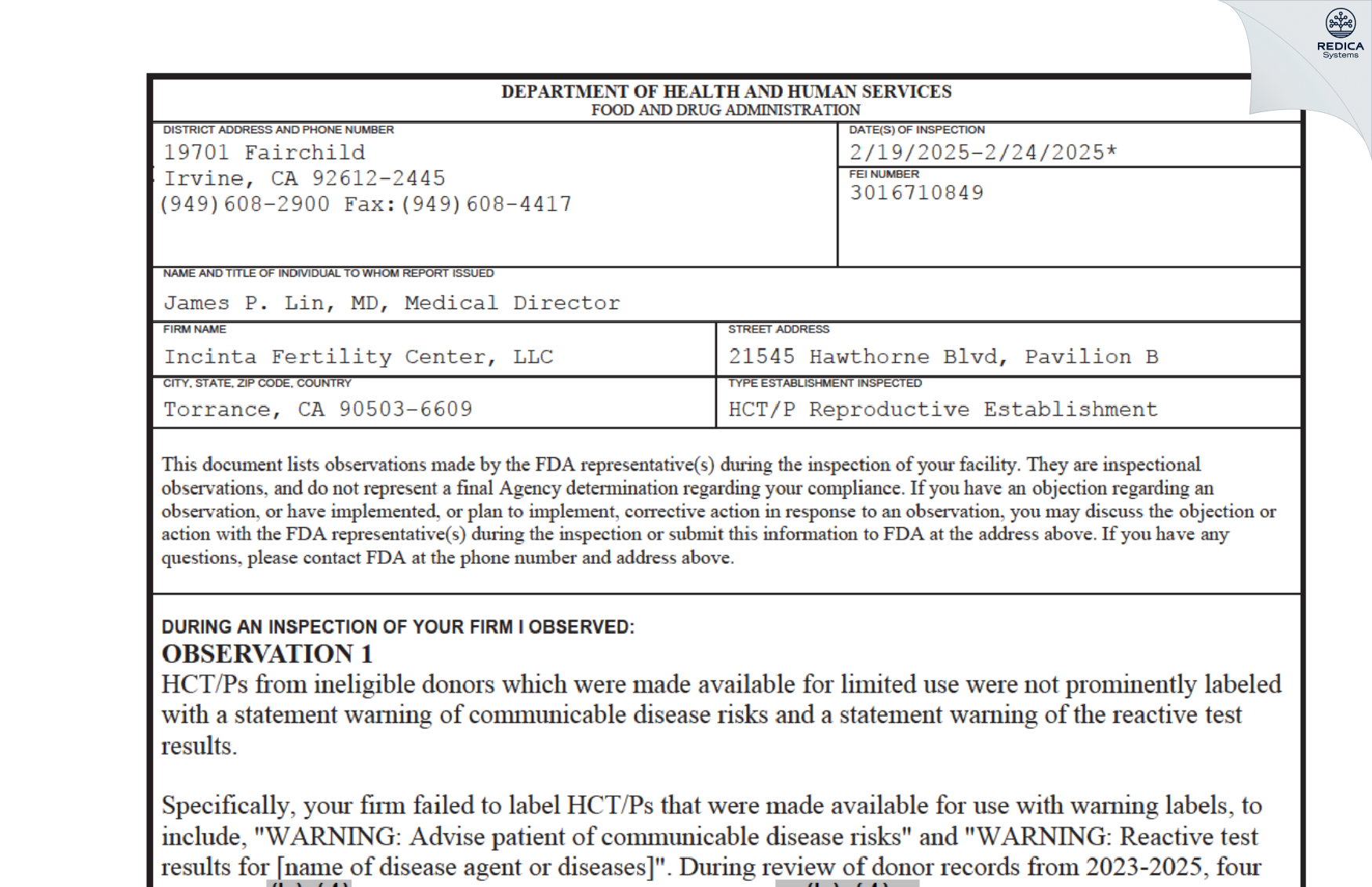 FDA 483 - Incinta Fertility Center, LLC [Torrance / United States of America] - Download PDF - Redica Systems