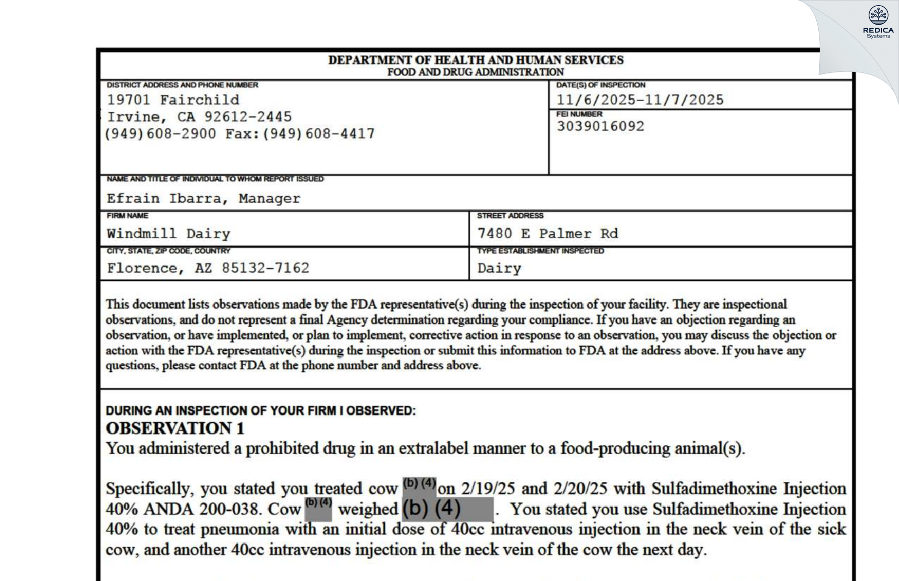 FDA 483 - Windmill Dairy [Florence / United States of America] - Download PDF - Redica Systems